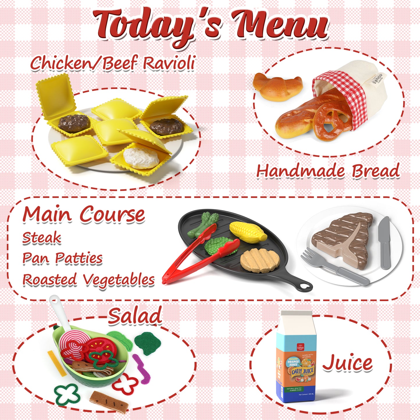 Play Food Sets, Kitchen Toys Food for Kids, Kitchen Play, Pretend Play, Fake Food Toys, Include Steak & Bread & Pasta, Preschool Learning Toddler Toys, Best Gifts for Girls Boys
