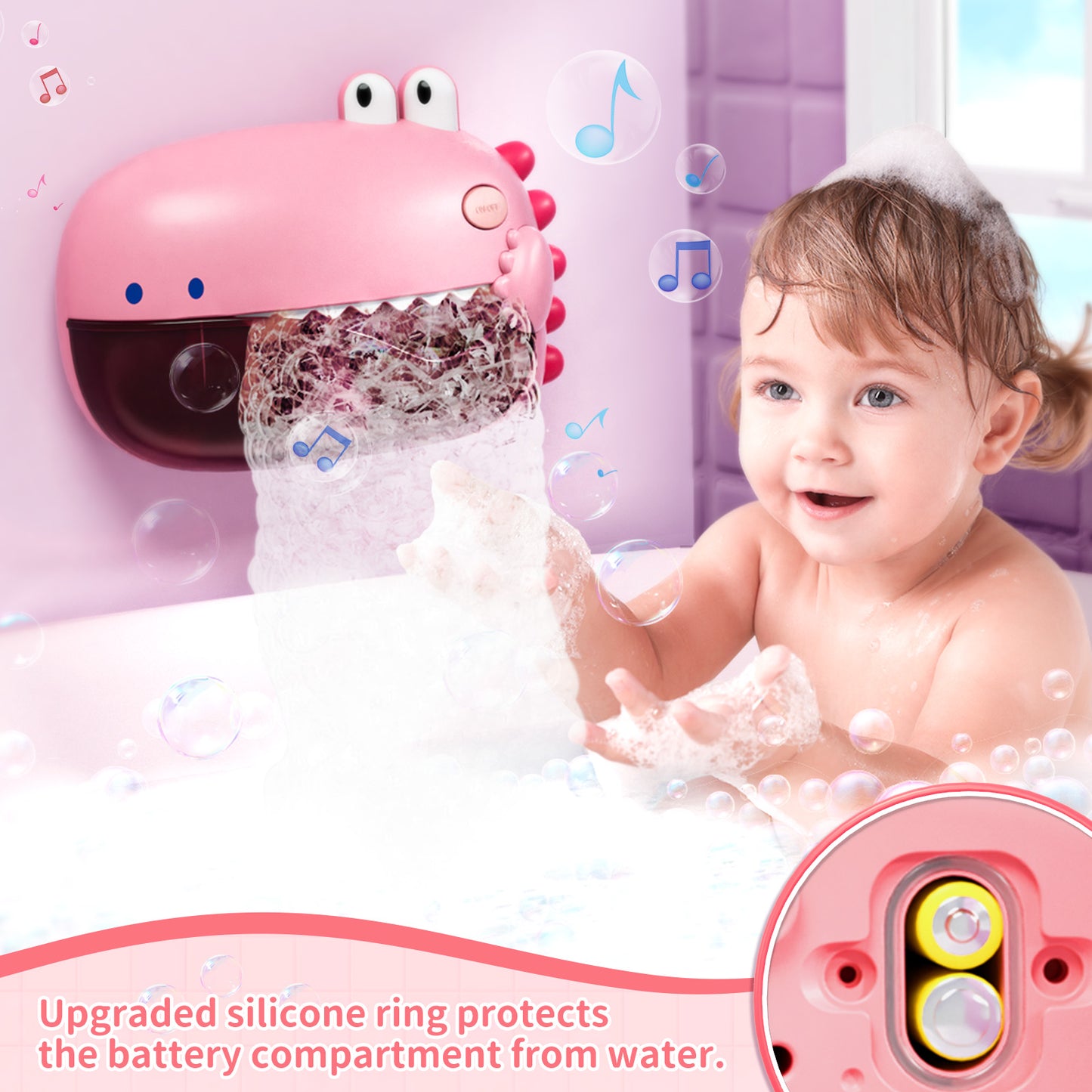 Bath Toys,Toddler Bath Bubble Machine, Bathtub Toy Dinosaur, Bubble Maker with 12 Songs, Bathtime Shower Bath Wall Toy for Boys Girls - Pink