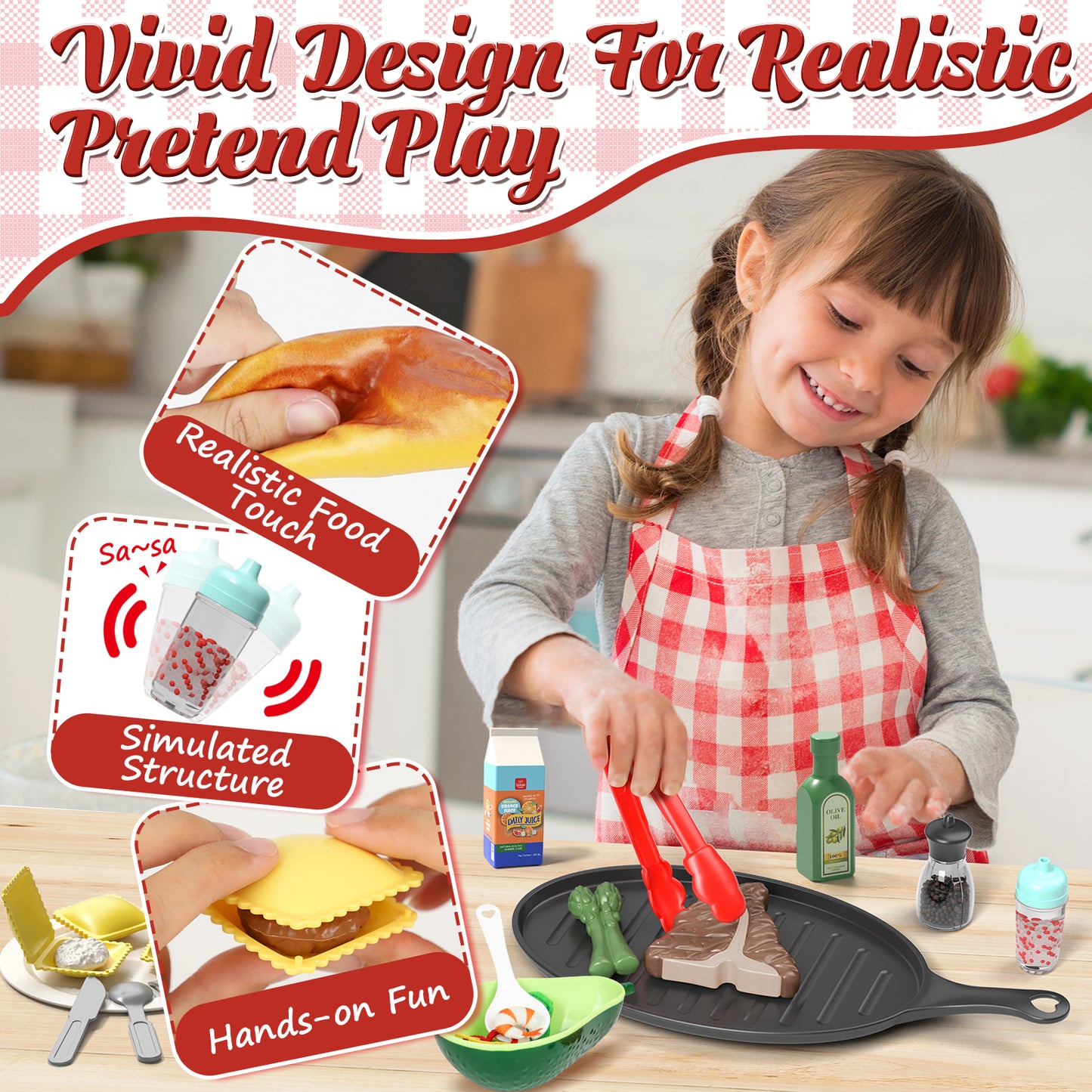 Play Food Sets, Kitchen Toys Food for Kids, Kitchen Play, Pretend Play, Fake Food Toys, Include Steak & Bread & Pasta, Preschool Learning Toddler Toys, Best Gifts for Girls Boys