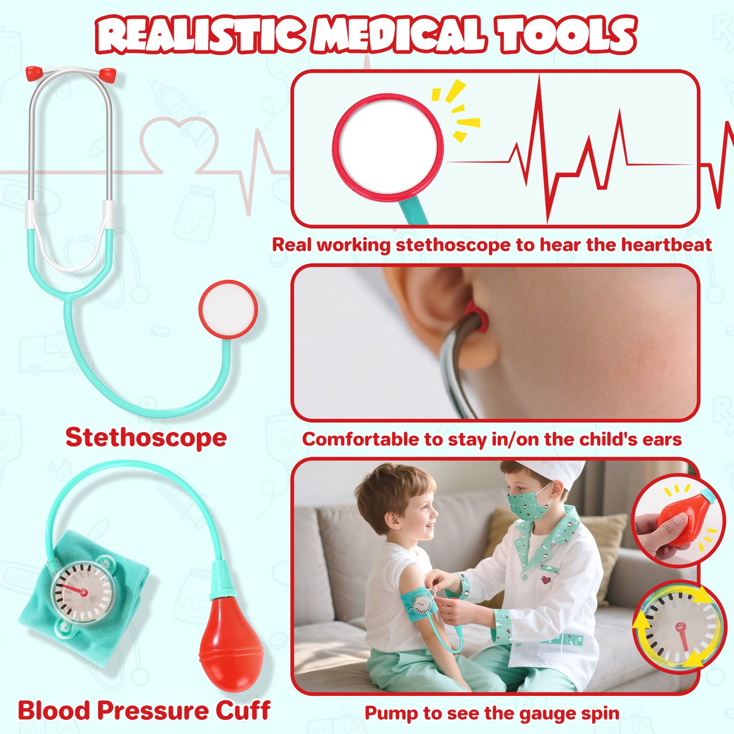 Doctor Costume for Kids Doctor Coat, Doctor Dress Up and Play Set 8 PCS with Real Stethoscope, Lab Coat Career Day Costume Kit for Toddlers Boys Girls 3-12 - Green