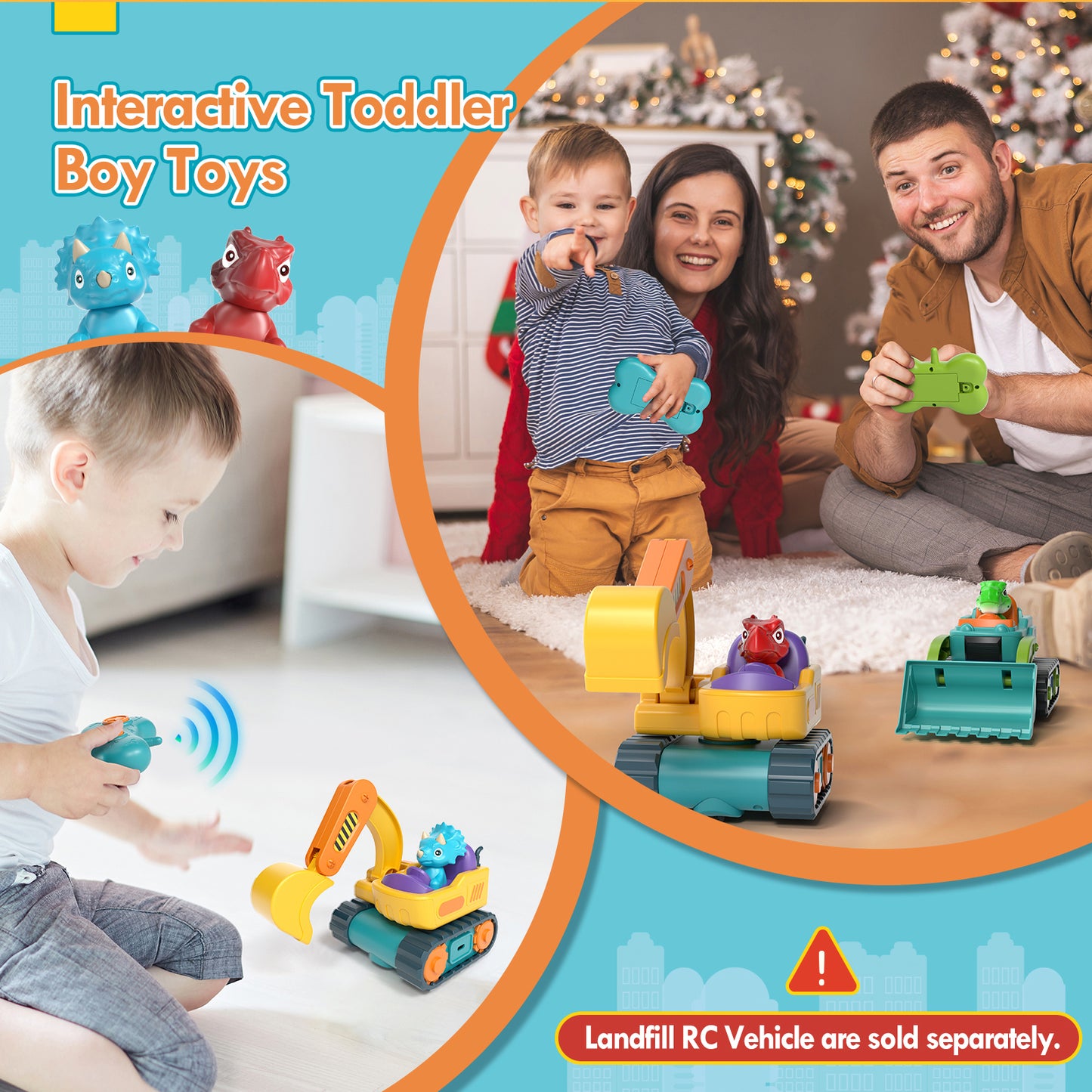 Remote Control Cars for Toddlers, Remote Control Toys, Rechargeable RC Cars for Toddler Toys 2-3, Construction Vehicle Dinosaur Toys for Ages 2-4 with Sounds & Music, 2 3 4 5 Year Old Boy Toys