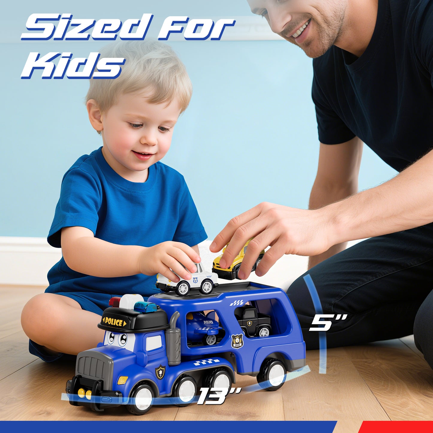 Toys for 2 Year Old Boy, Police Truck Toys Cars with Lights & Sounds, Toy Trucks Car for Boys 2 3 4 5 Years Old, 5 in 1 Toddler Carrier Truck Toy with 4 Pull Back Cars, Best Birthday Christmas Gifts