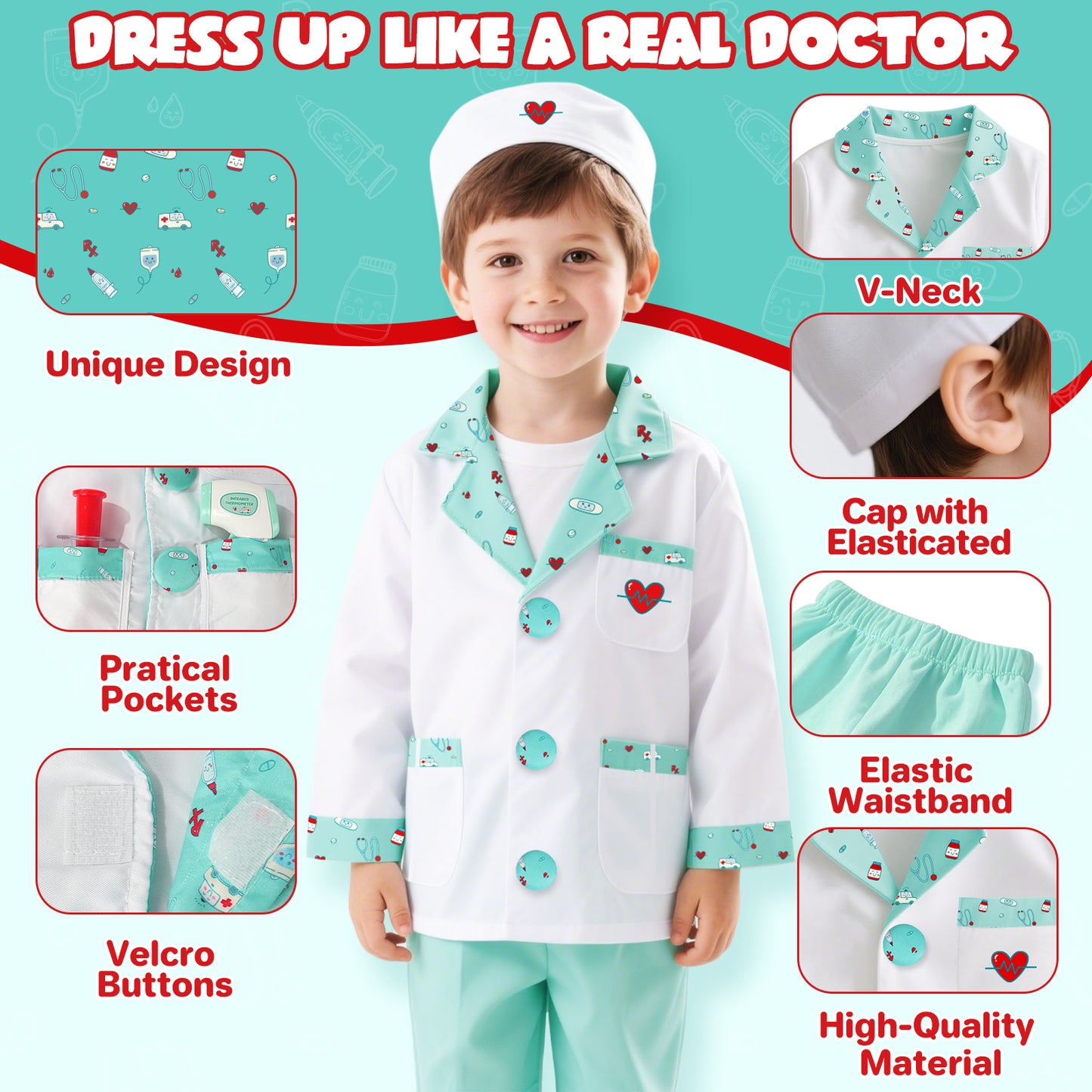 Doctor Costume for Kids Doctor Coat, Doctor Dress Up and Play Set 8 PCS with Real Stethoscope, Lab Coat Career Day Costume Kit for Toddlers Boys Girls 3-12 - Green
