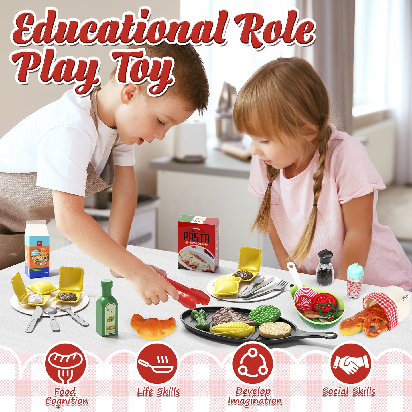 Play Food Sets, Kitchen Toys Food for Kids, Kitchen Play, Pretend Play, Fake Food Toys, Include Steak & Bread & Pasta, Preschool Learning Toddler Toys, Best Gifts for Girls Boys