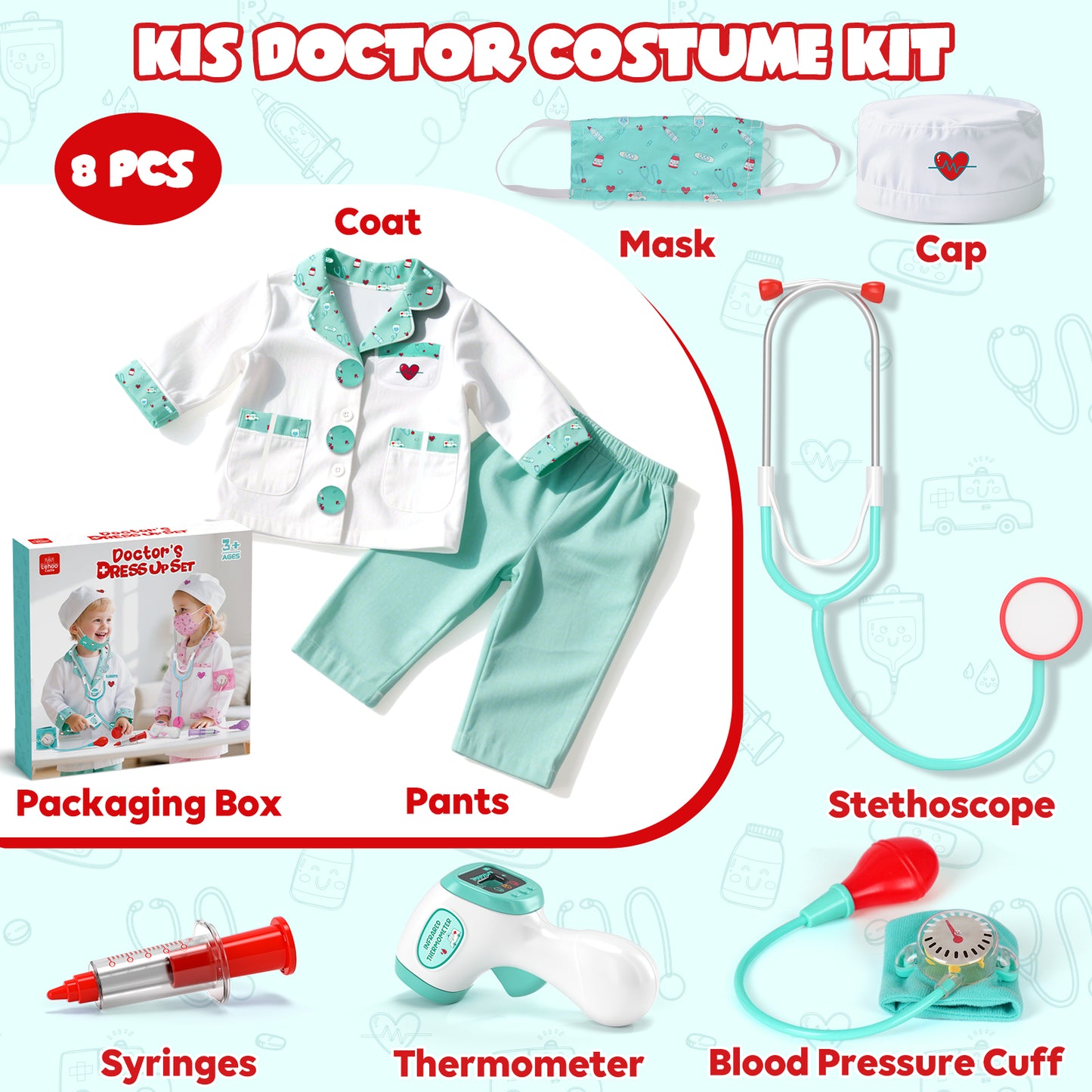 Doctor Costume for Kids Doctor Coat, Doctor Dress Up and Play Set 8 PCS with Real Stethoscope, Lab Coat Career Day Costume Kit for Toddlers Boys Girls 3-12 - Green