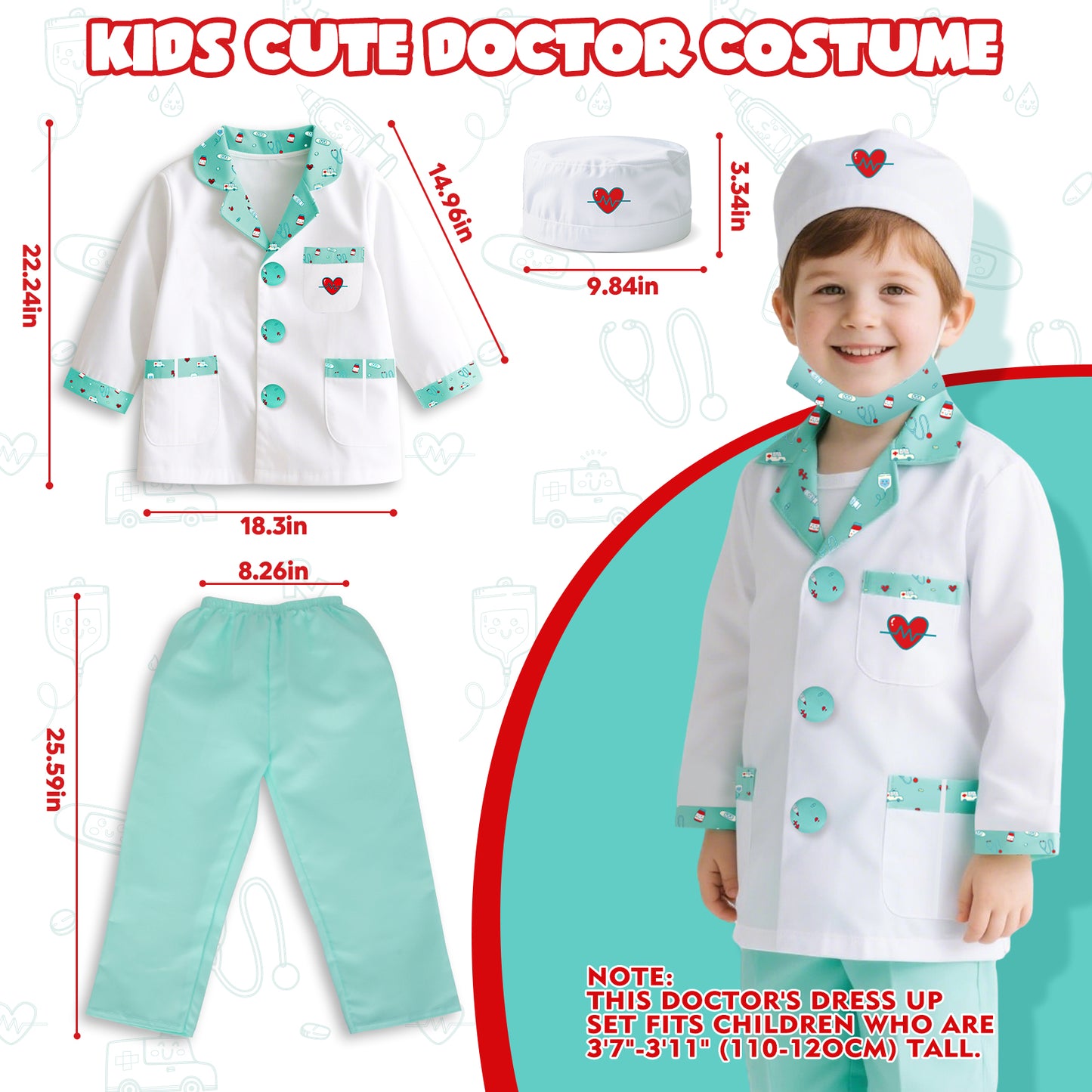 Doctor Costume for Kids Doctor Coat, Doctor Dress Up and Play Set 8 PCS with Real Stethoscope, Lab Coat Career Day Costume Kit for Toddlers Boys Girls 3-12 - Green
