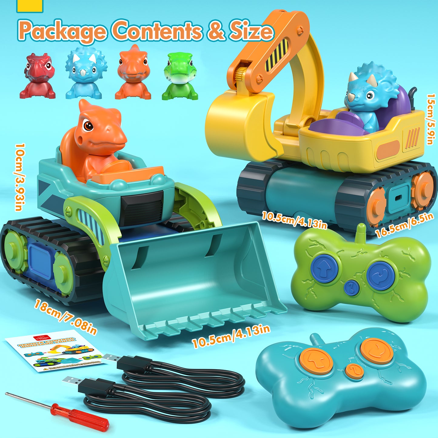 Remote Control Cars for Toddlers, 2 Pack Rechargeable RC Cars for Toddler Toys 2-3, Remote Control Toys, Construction Vehicle Dinosaur Toys for Ages 2-4 with Sounds & Music, 2 3 4 5 Year Old Boy Toys