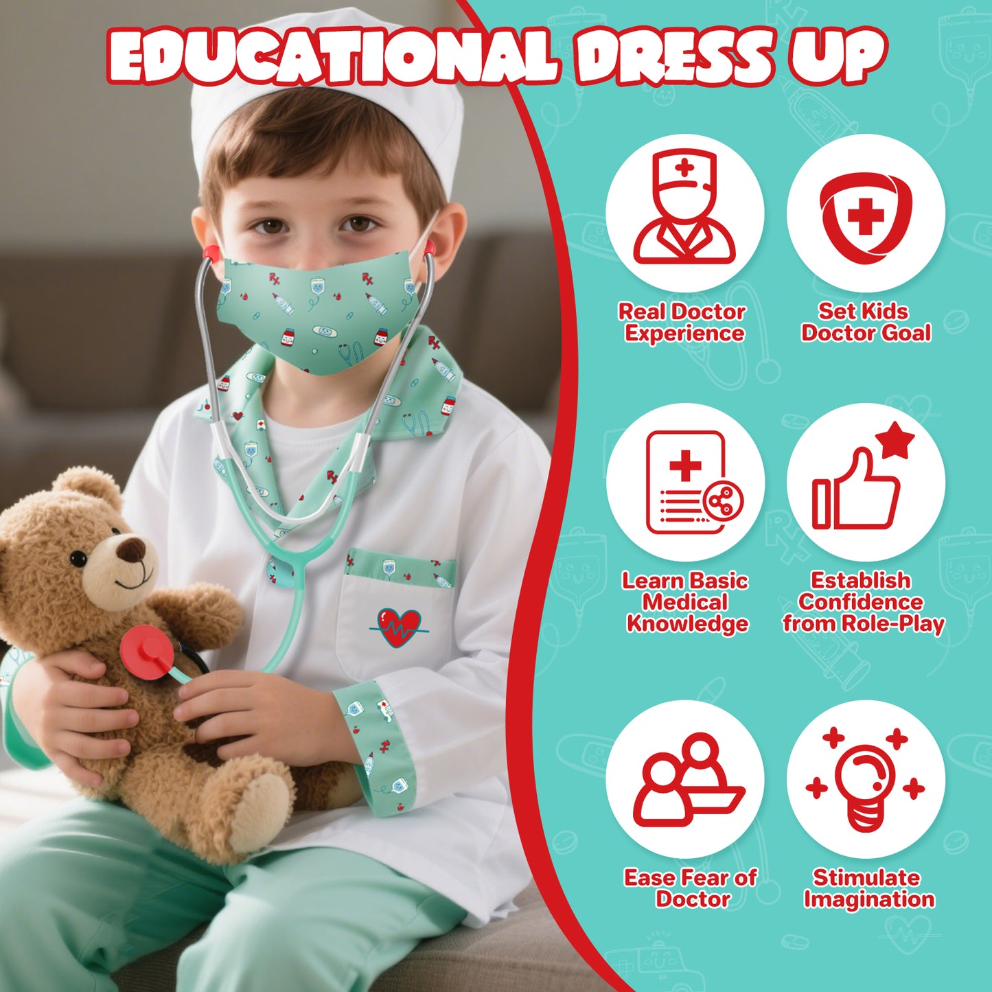 Doctor Costume for Kids Doctor Coat, Doctor Dress Up and Play Set 8 PCS with Real Stethoscope, Lab Coat Career Day Costume Kit for Toddlers Boys Girls 3-12 - Green
