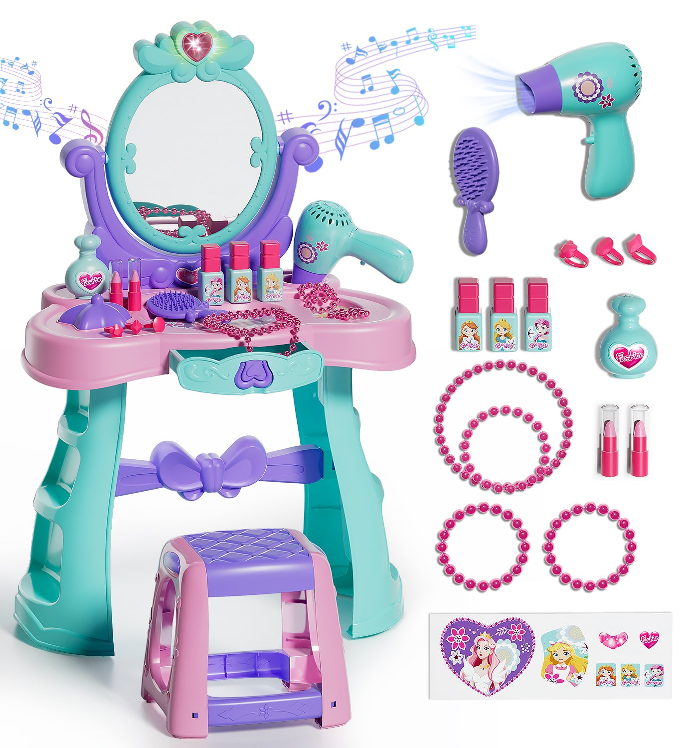 Toddler Vanity Makeup Table with Mirror and Chair, Toddler Kids Girls Vanity Set for Toddlers Age 3+