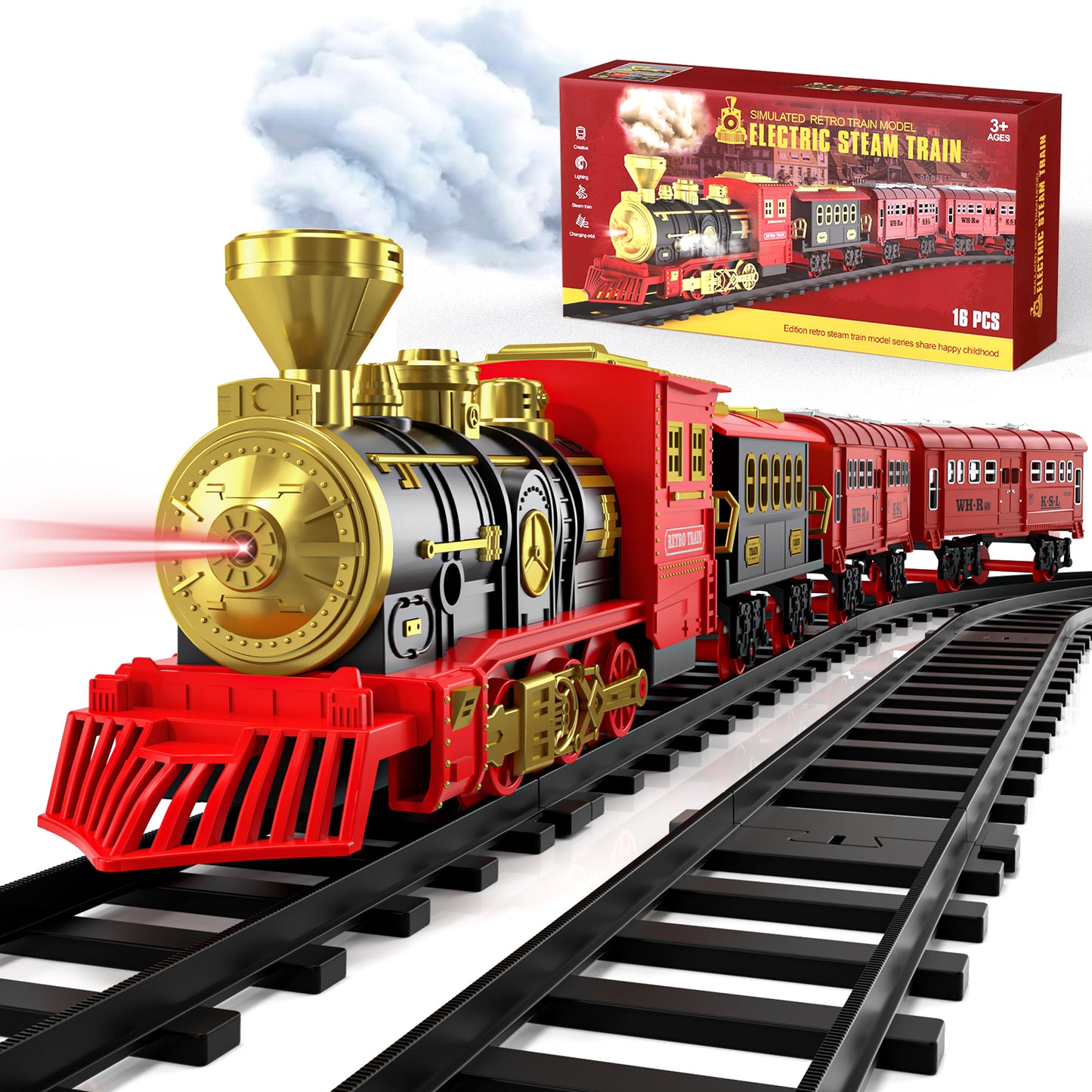Train Set, Train Toys for Toddlers with Smoke, Lights & Sound, Toy Train with Train Tracks, Rechargeable Steam Train Sets for Kids 2 3 4 5 6 7 8+ Years Old, Birthday Christmas Gift for Boys Girls