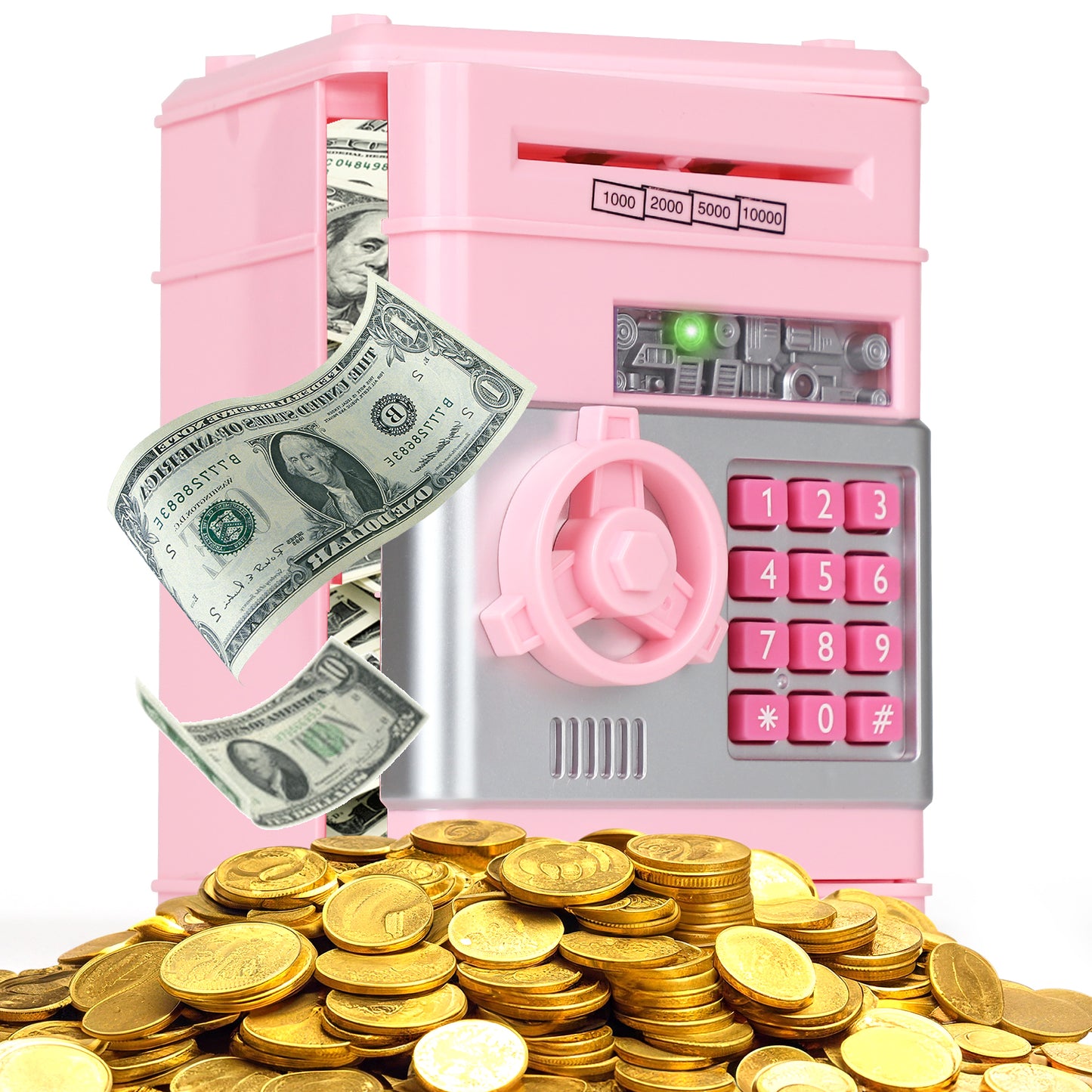 Piggy Banks for Kids, Money Bank, Piggy Bank for Boys Girls, Electronic Password Cash Coin Can ATM Bank with Auto Grab Bill Slot, Money Coin Saving Box for Kids, Perfect Gifts for Boys Girls, Pink