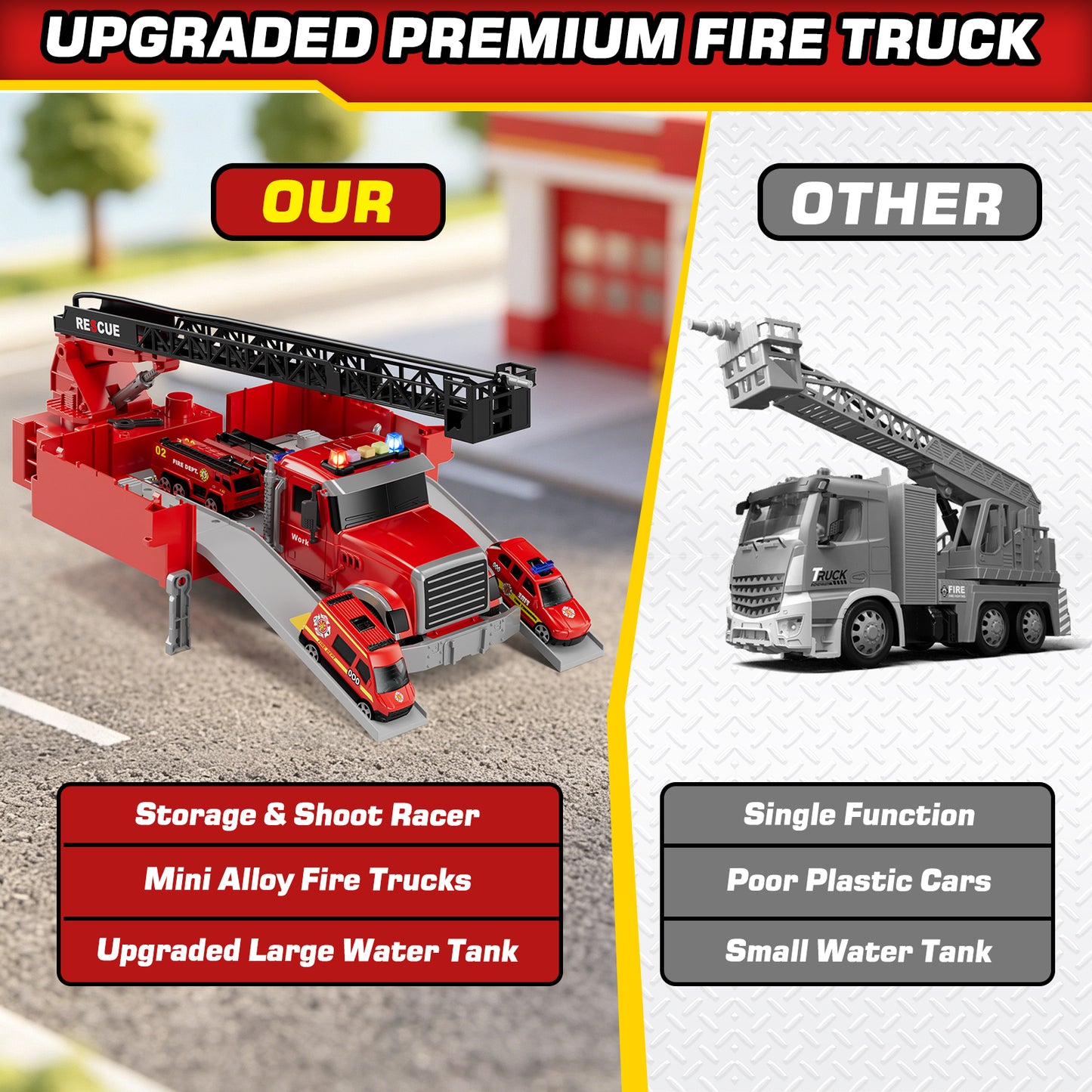 Toy Trucks for Boys 2 3 6 Years, Fire Truck Toys for Toddlers with Lights, Include Ejection Mode, Powerful Storage, Rescue Aerial Ladder, Water Pipes, 4 Alloy Vehicles, Best Birthday Christmas Gifts