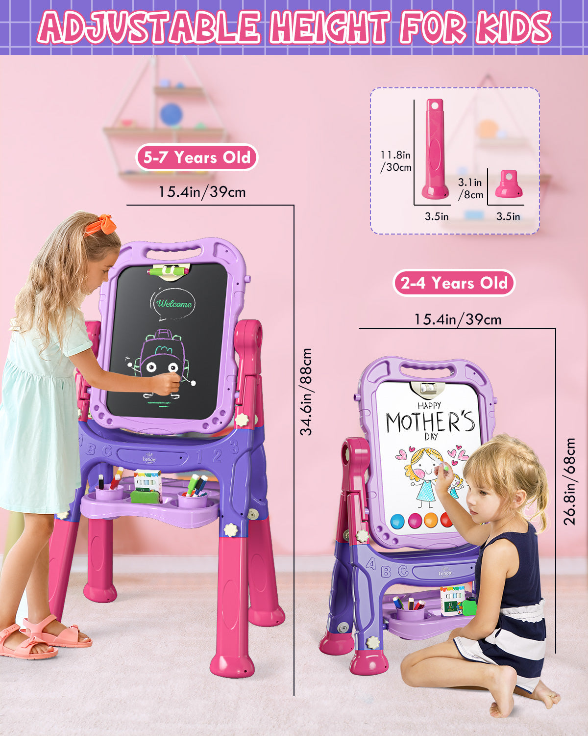 Easel for Kids, 4 in 1 Rotatable Double Sided Adjustable Standing Kids Art Easel Drawing Board White Board Chalkboard with Painting Accessories