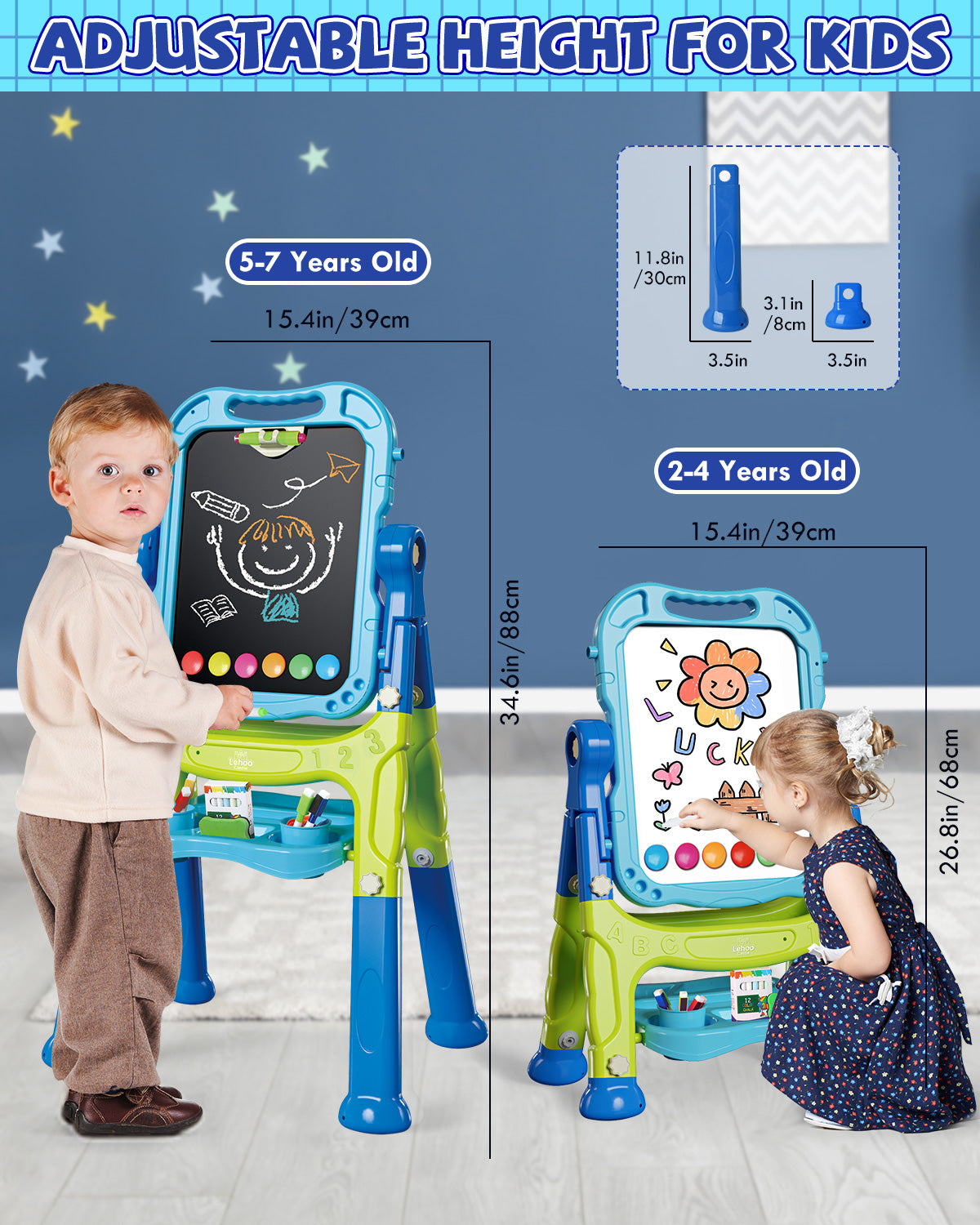 Easel for Kids, 4 in 1 Rotatable Double Sided Adjustable Standing Kids Art Easel Drawing Board White Board Chalkboard with Painting Accessories - Blue