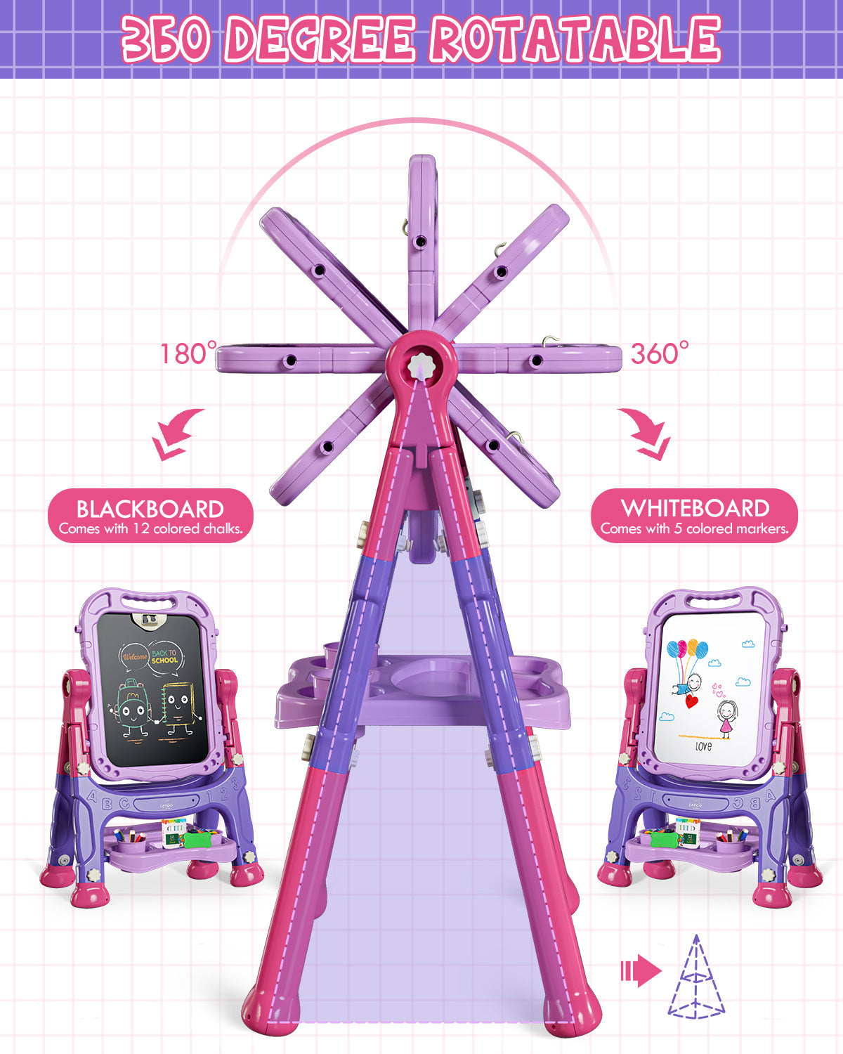 Easel for Kids, 4 in 1 Rotatable Double Sided Adjustable Standing Kids Art Easel Drawing Board White Board Chalkboard with Painting Accessories