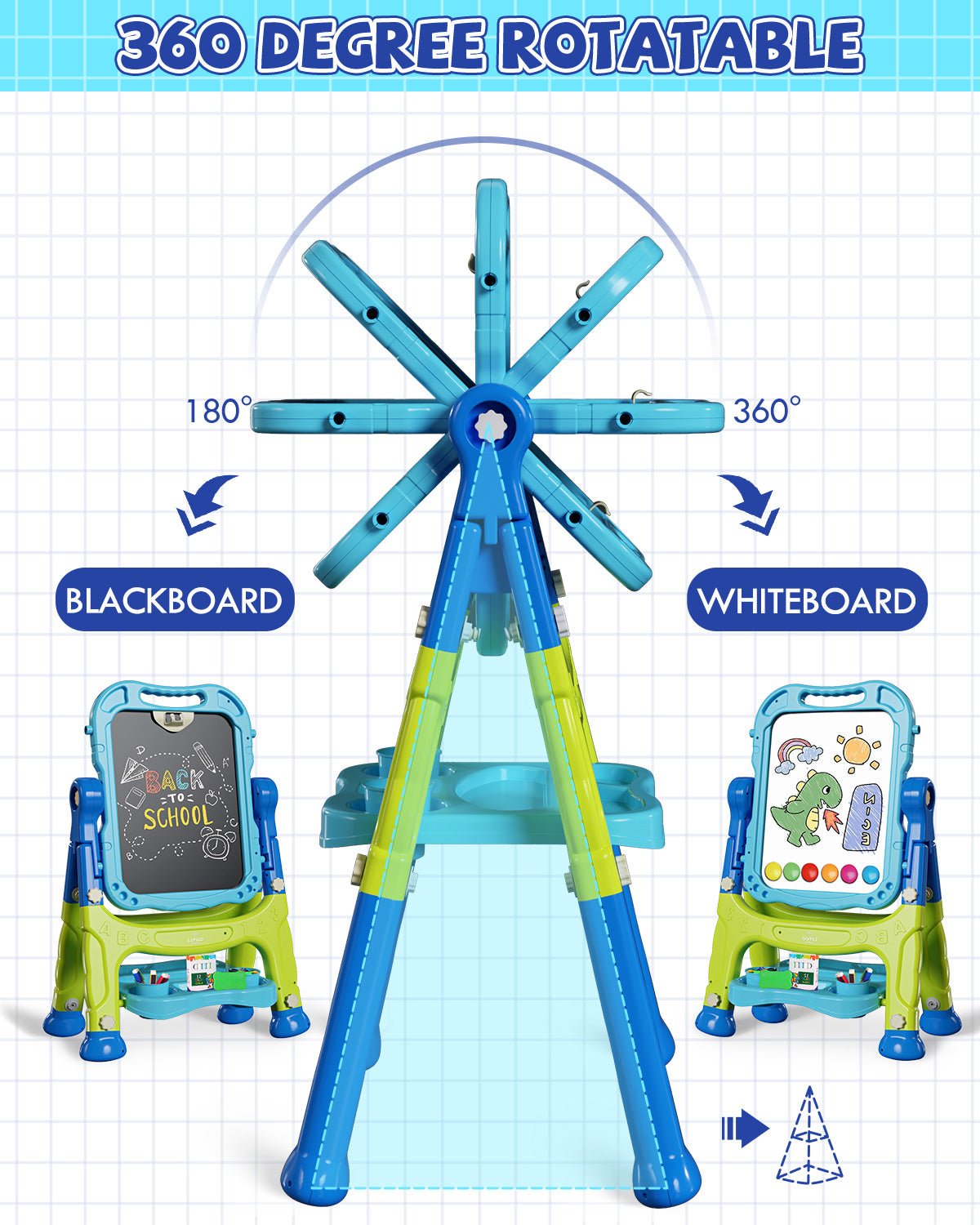 Easel for Kids, 4 in 1 Rotatable Double Sided Adjustable Standing Kids Art Easel Drawing Board White Board Chalkboard with Painting Accessories - Blue