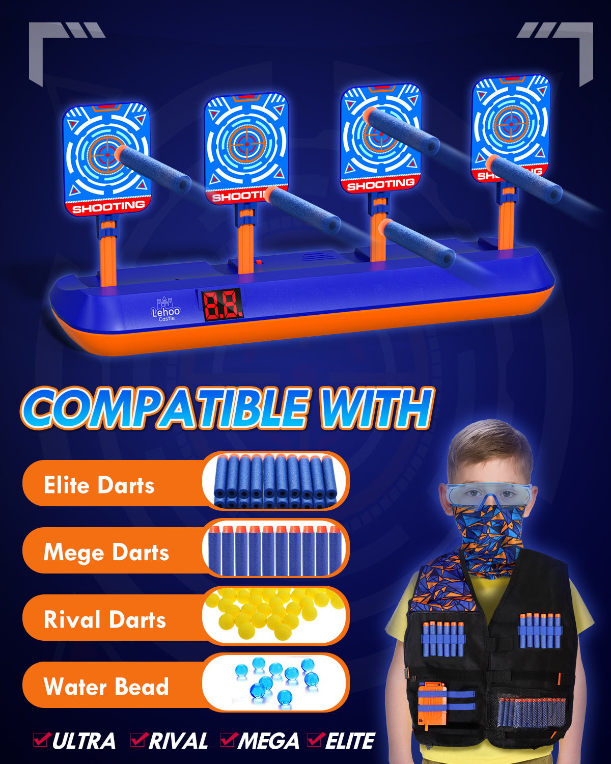 Kid Shooting Targets for Nerf with Auto-Reset, 4 Electronic Digital Target with Tactical Vest - Blue
