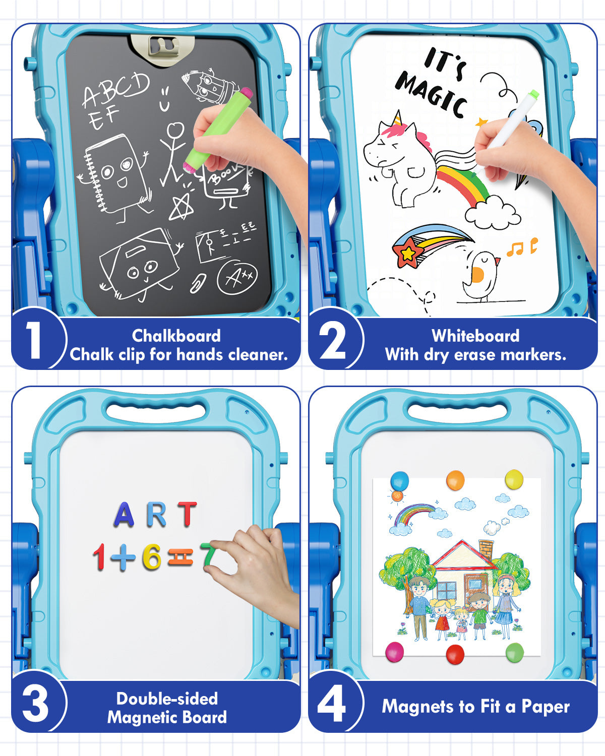 Easel for Kids, 4 in 1 Rotatable Double Sided Adjustable Standing Kids Art Easel Drawing Board White Board Chalkboard with Painting Accessories - Blue