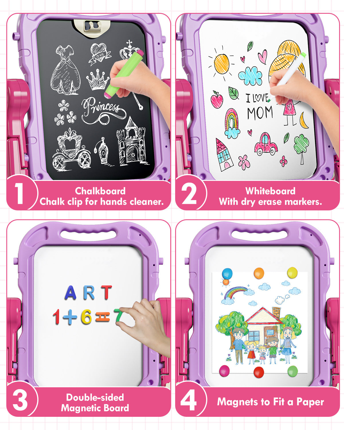 Easel for Kids, 4 in 1 Rotatable Double Sided Adjustable Standing Kids Art Easel Drawing Board White Board Chalkboard with Painting Accessories