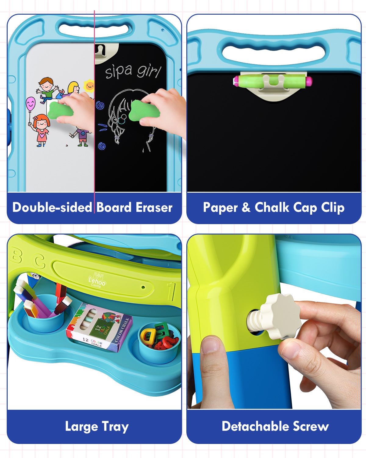 Easel for Kids, 4 in 1 Rotatable Double Sided Adjustable Standing Kids Art Easel Drawing Board White Board Chalkboard with Painting Accessories - Blue