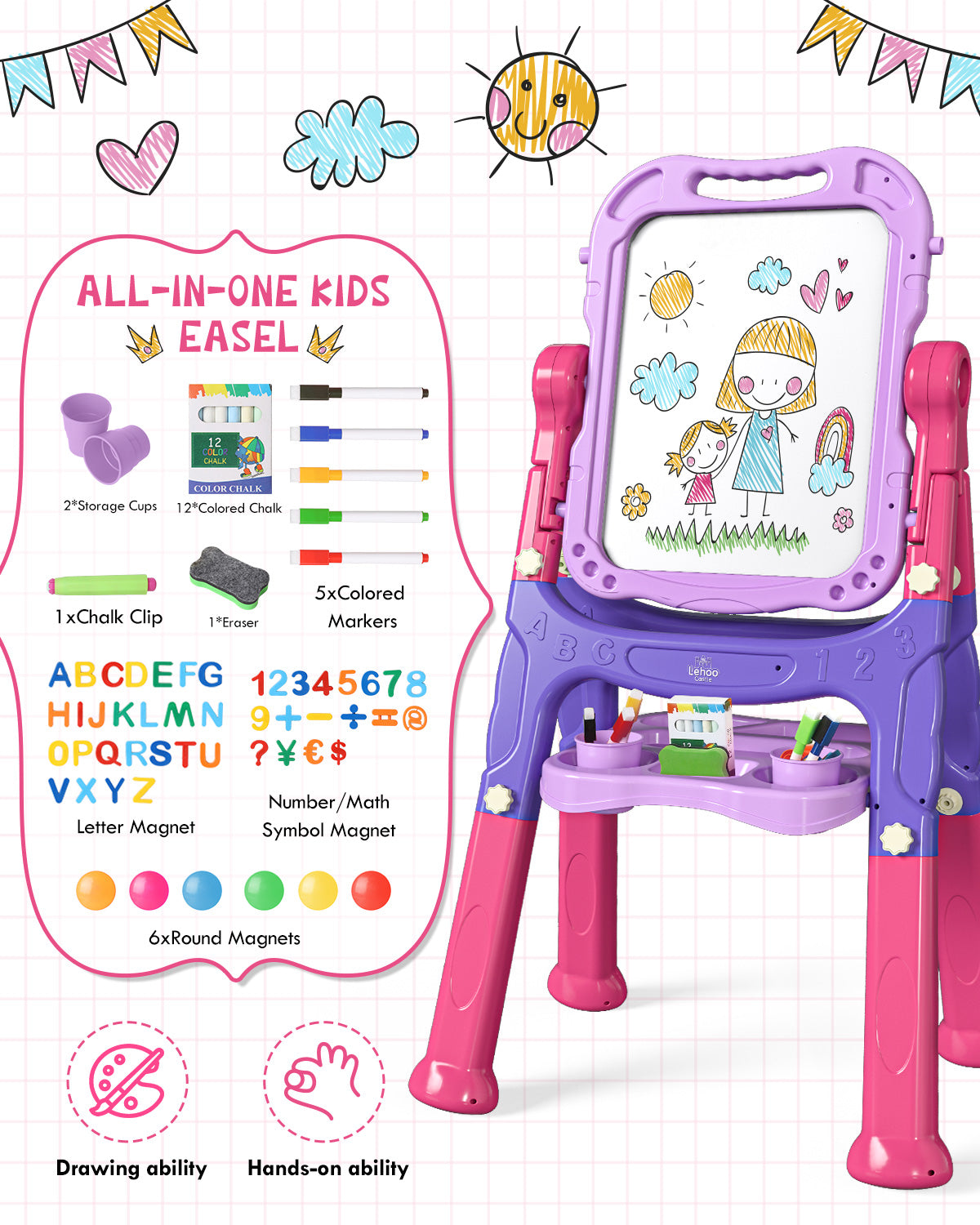 Easel for Kids, 4 in 1 Rotatable Double Sided Adjustable Standing Kids Art Easel Drawing Board White Board Chalkboard with Painting Accessories