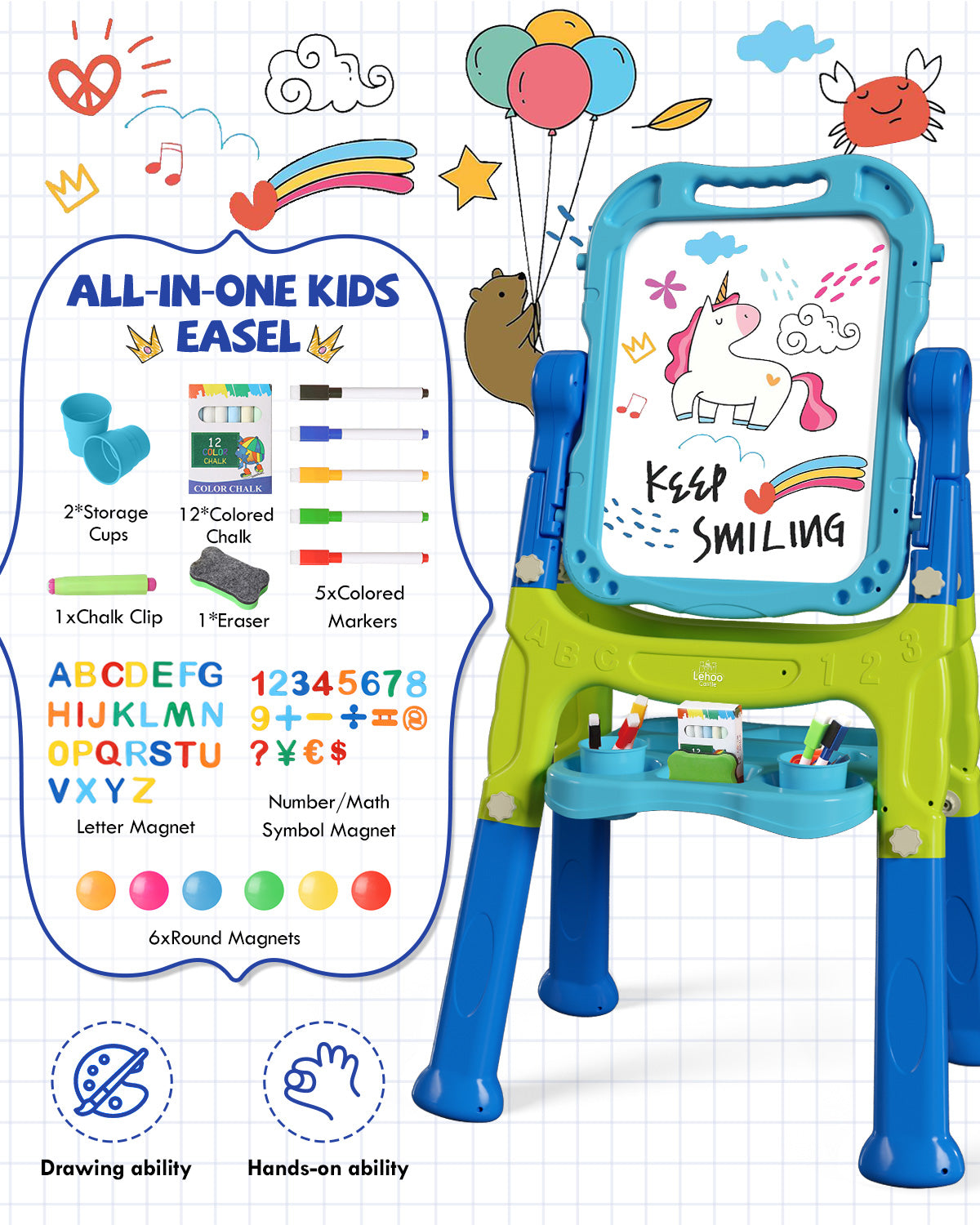 Easel for Kids, 4 in 1 Rotatable Double Sided Adjustable Standing Kids Art Easel Drawing Board White Board Chalkboard with Painting Accessories