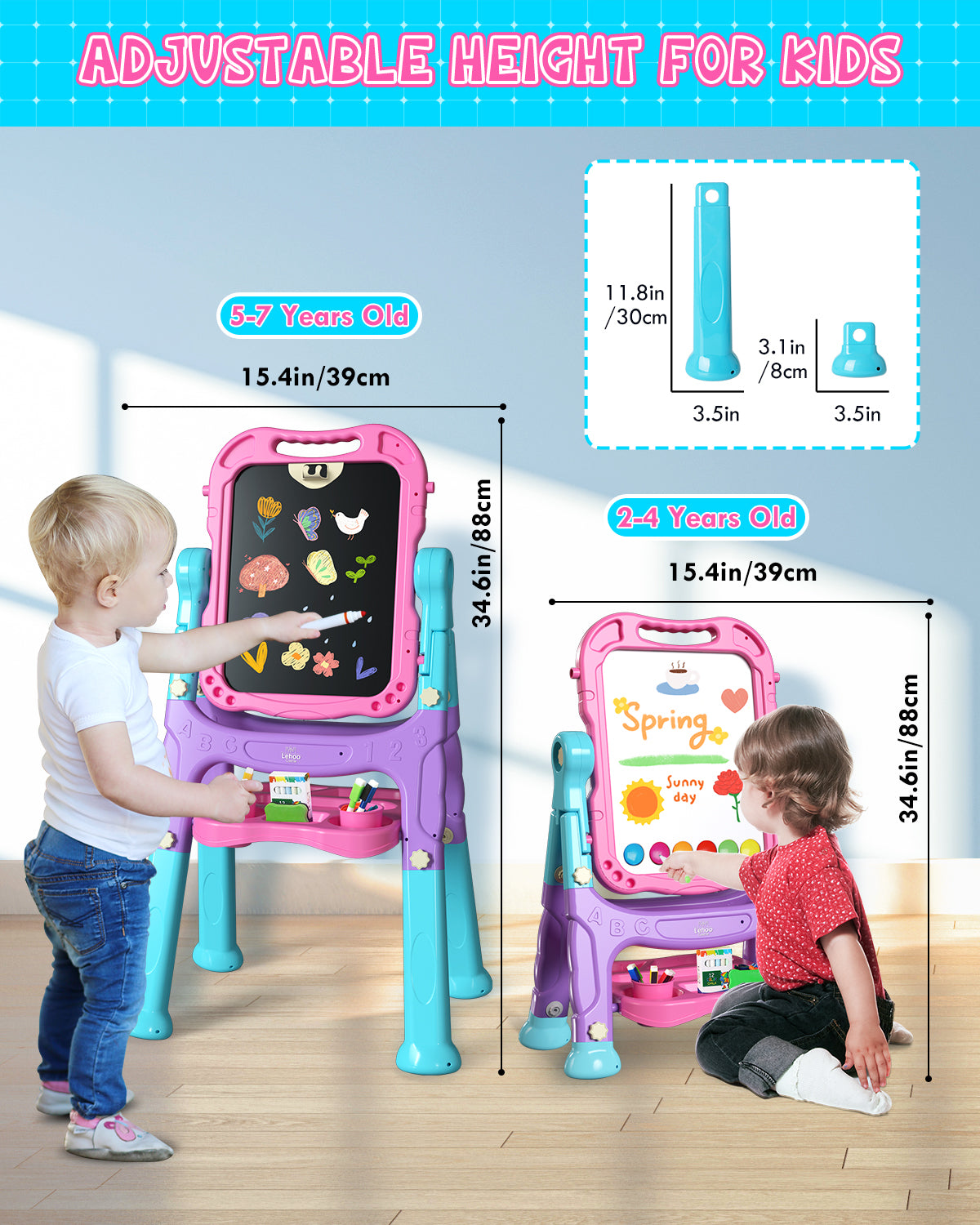 Easel for Kids, 4 in 1 Rotatable Double Sided Adjustable Standing Kids Art Easel Drawing Board White Board Chalkboard with Painting Accessories - Pink