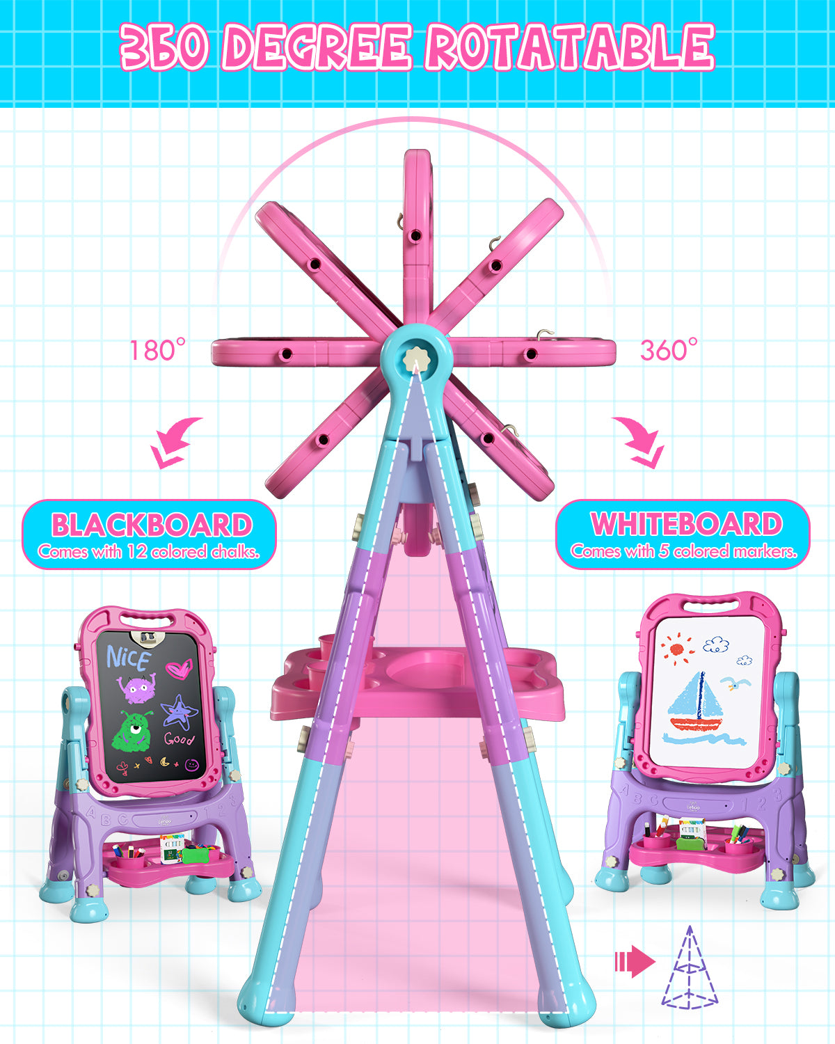Easel for Kids, 4 in 1 Rotatable Double Sided Adjustable Standing Kids Art Easel Drawing Board White Board Chalkboard with Painting Accessories - Pink