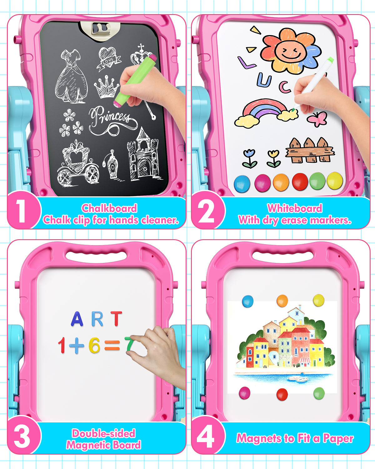 Easel for Kids, 4 in 1 Rotatable Double Sided Adjustable Standing Kids Art Easel Drawing Board White Board Chalkboard with Painting Accessories - Pink