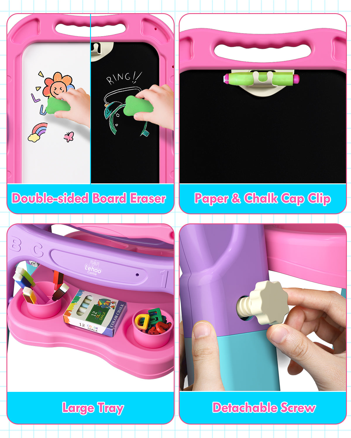 Easel for Kids, 4 in 1 Rotatable Double Sided Adjustable Standing Kids Art Easel Drawing Board White Board Chalkboard with Painting Accessories - Pink