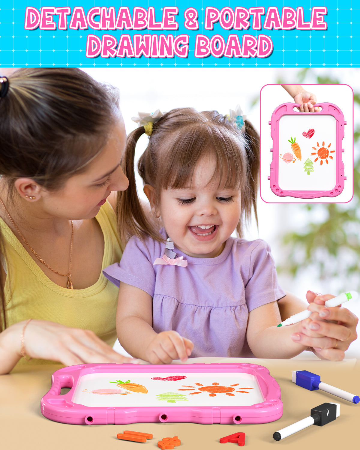 Easel for Kids, 4 in 1 Rotatable Double Sided Adjustable Standing Kids Art Easel Drawing Board White Board Chalkboard with Painting Accessories - Pink