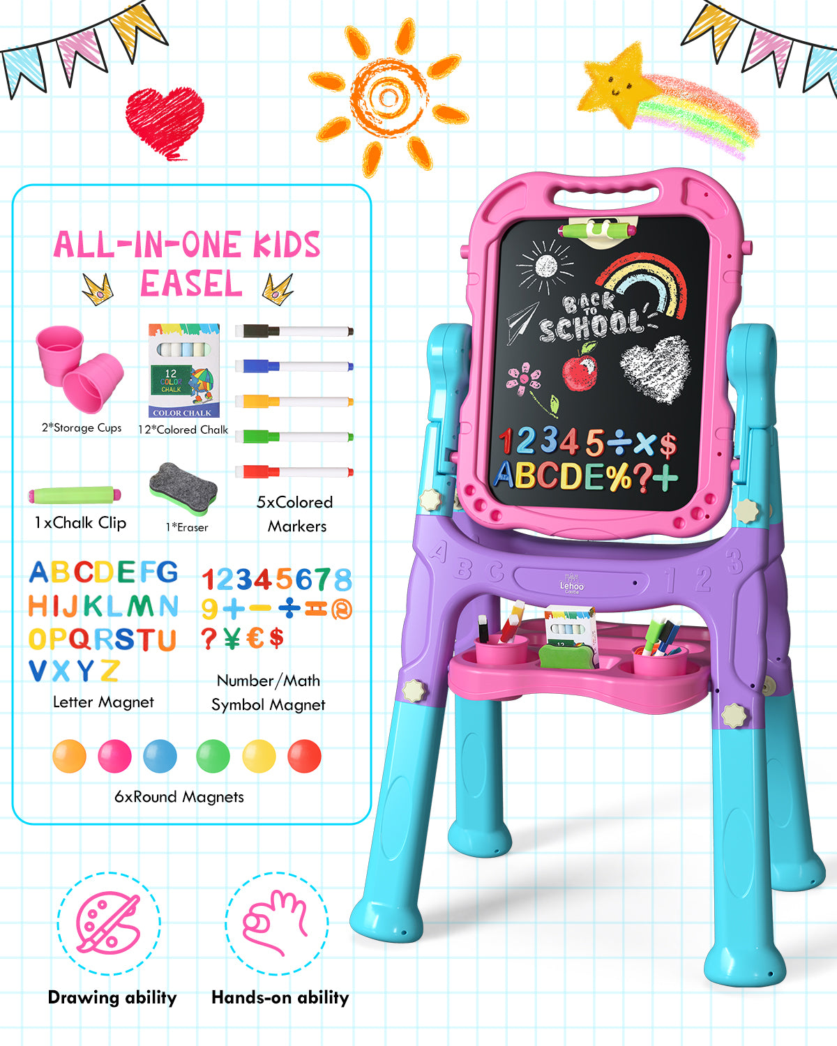 Easel for Kids, 4 in 1 Rotatable Double Sided Adjustable Standing Kids Art Easel Drawing Board White Board Chalkboard with Painting Accessories