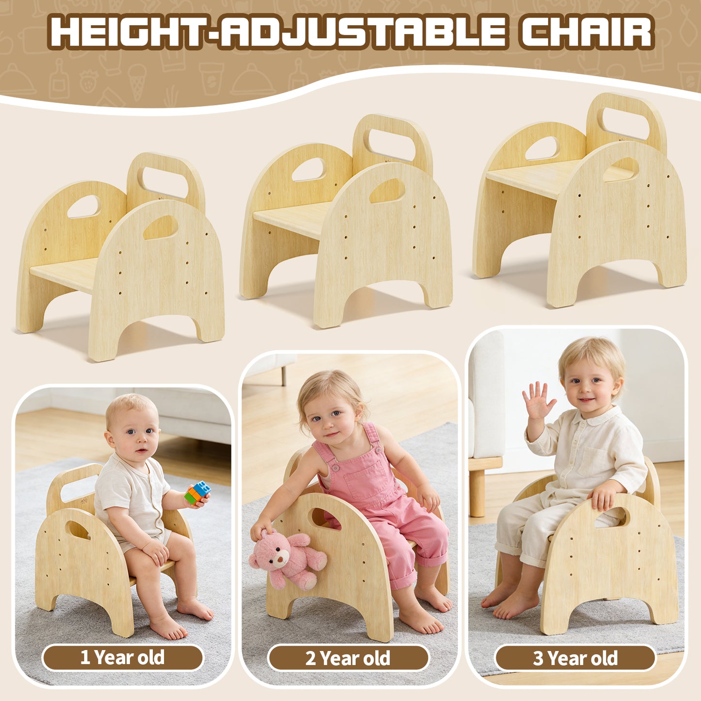 Montessori Weaning Table and Chair Set, Adjustable Design, Elephant Theme Wooden Toddler Table and Chair Set for Toddlers 1-3, Ideal for Mealtime, Learning and Play, Kids Montessori Furniture