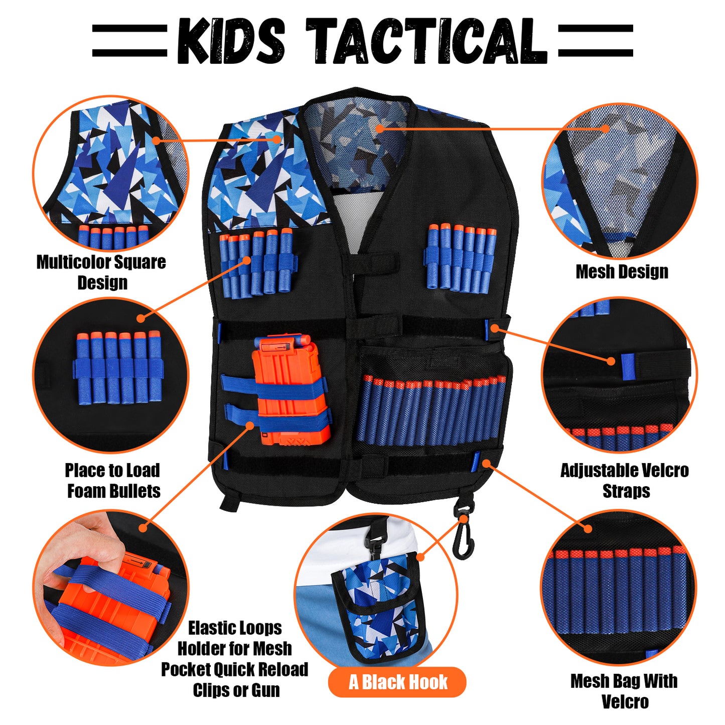 Kids Tactical Vest Kit for Shooting Target for Nerf Game for Boys Girls, with 30 Refill Darts, Protective Glasses, Tactical Mask, Dart Pouch, Reload Clips and Wrist Band