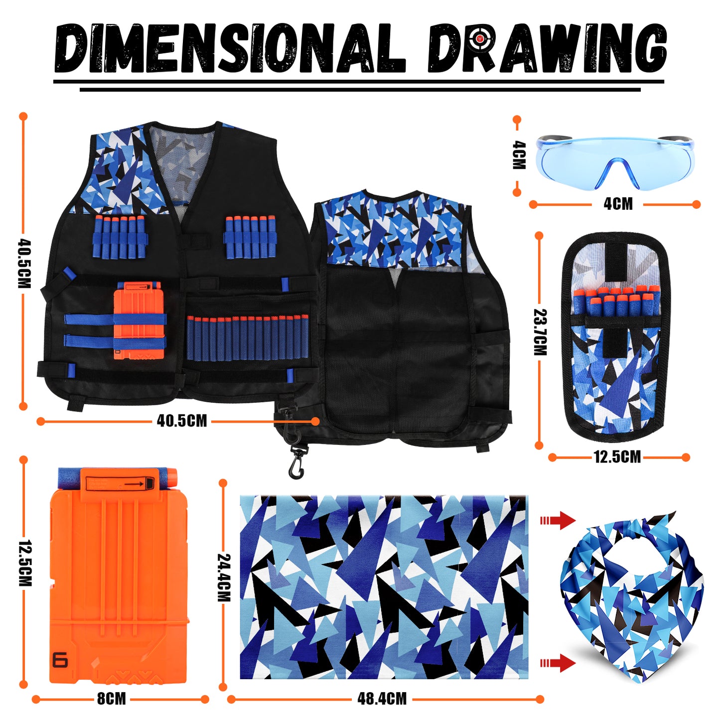 Kids Tactical Vest Kit for Shooting Target for Nerf Game for Boys Girls, with 30 Refill Darts, Protective Glasses, Tactical Mask, Dart Pouch, Reload Clips and Wrist Band