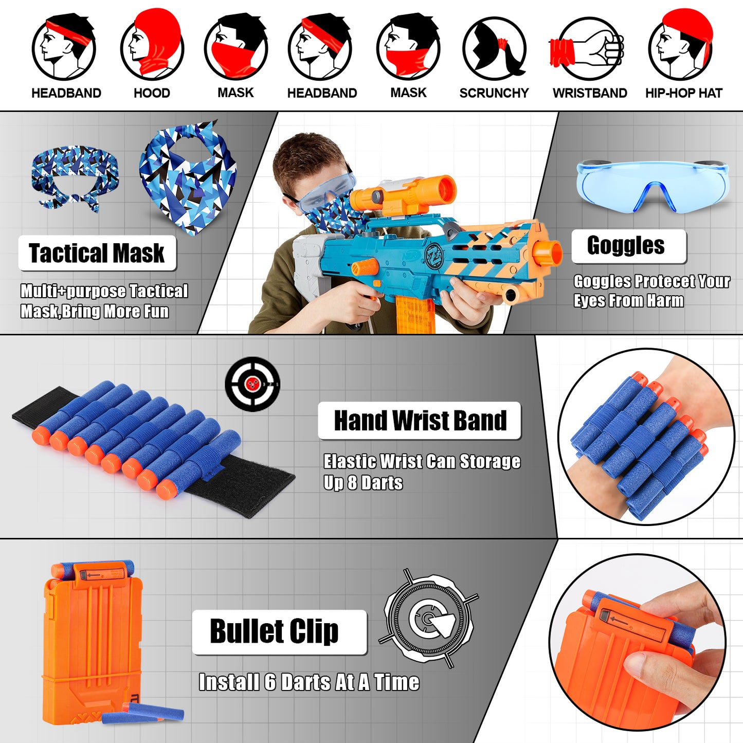 Kids Tactical Vest Kit for Shooting Target for Nerf Game for Boys Girls, with 30 Refill Darts, Protective Glasses, Tactical Mask, Dart Pouch, Reload Clips and Wrist Band