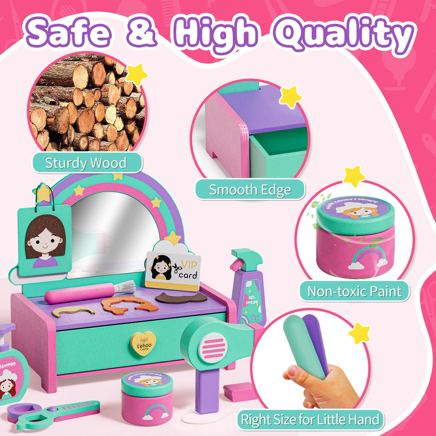 Kids Vanity Sets for Girls, Toddler Vanity Set, 32 PCS Wooden Kids Hair Salon Playset, Hairdressing Pretend Playset, Barber Pretend Hair Styling Set with Apron/Hair Dryer/Hair Accessories for Age 3+