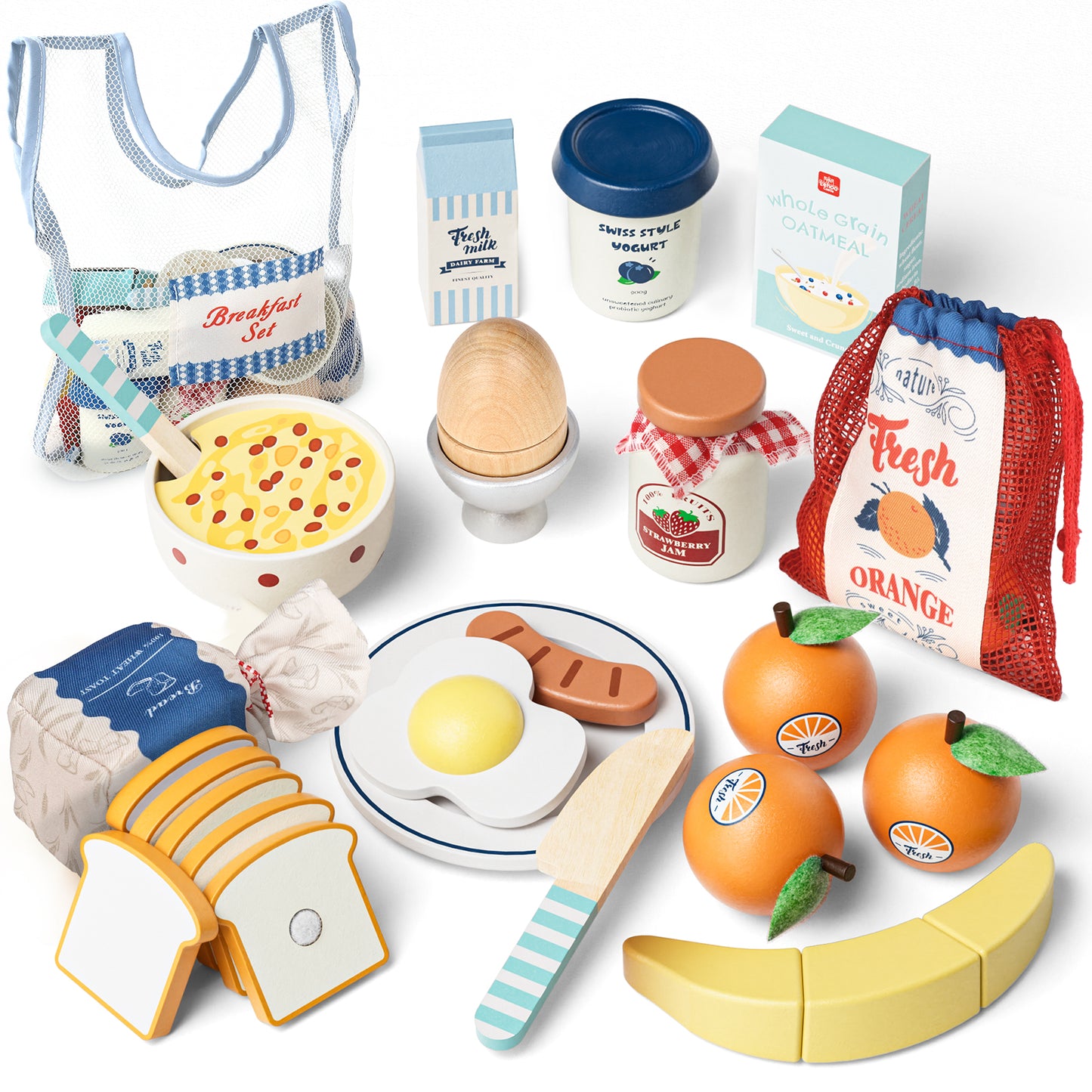 Play Food Sets, Wooden Play Food Set for Kids Kitchen Play Kitchen Accessories Kids Cutting Pretend Play Fake Food Toys for 3 4 5 6 7 Years Girls Boys Toddlers Toys