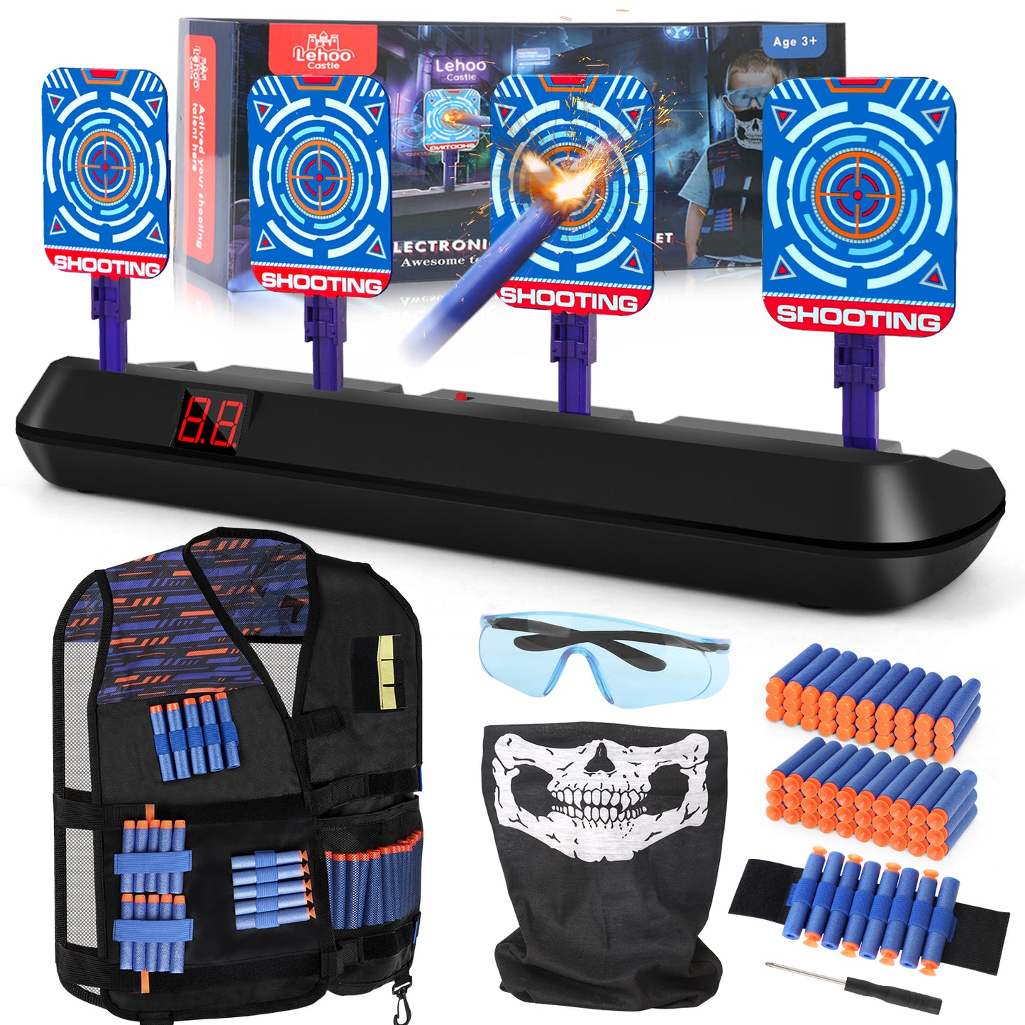 Kid Nerf Shooting Targets with Auto-Reset, 4 Electronic Digital Target with Tactical Vest - Black
