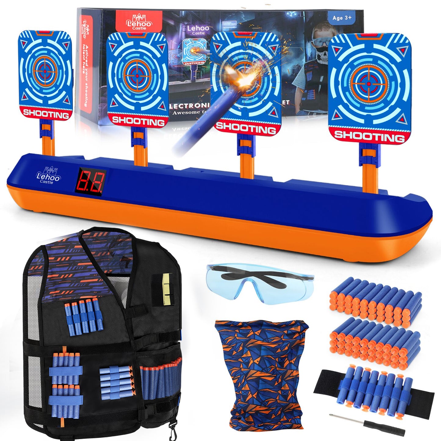 Kid Shooting Targets for Nerf with Auto-Reset, 4 Electronic Digital Target with Tactical Vest - Blue