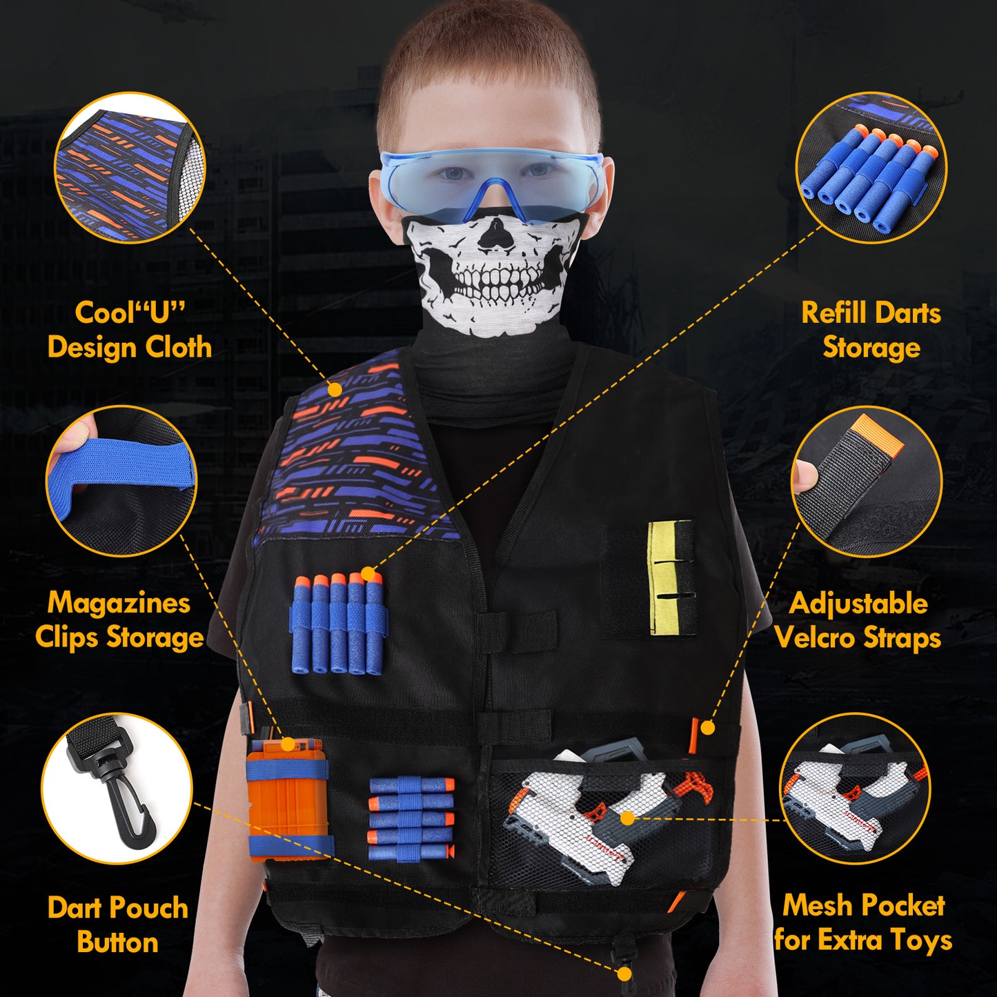 Kid Nerf Shooting Targets with Auto-Reset, 4 Electronic Digital Target with Tactical Vest - Black