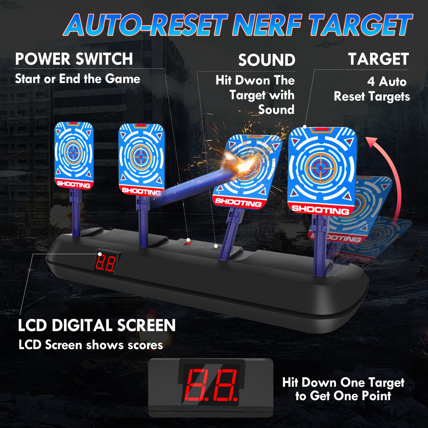 Kid Nerf Shooting Targets with Auto-Reset, 4 Electronic Digital Target with Tactical Vest - Black