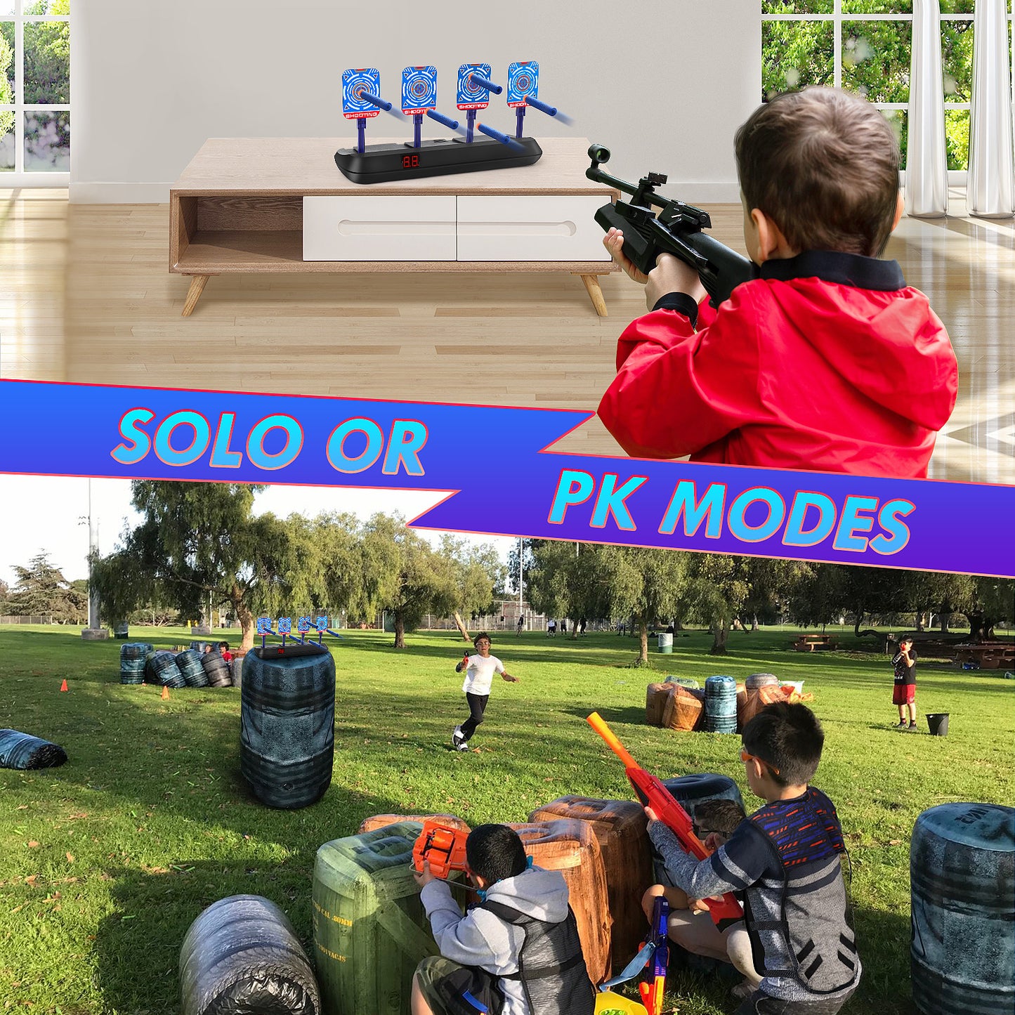 Kid Nerf Shooting Targets with Auto-Reset, 4 Electronic Digital Target with Tactical Vest - Black