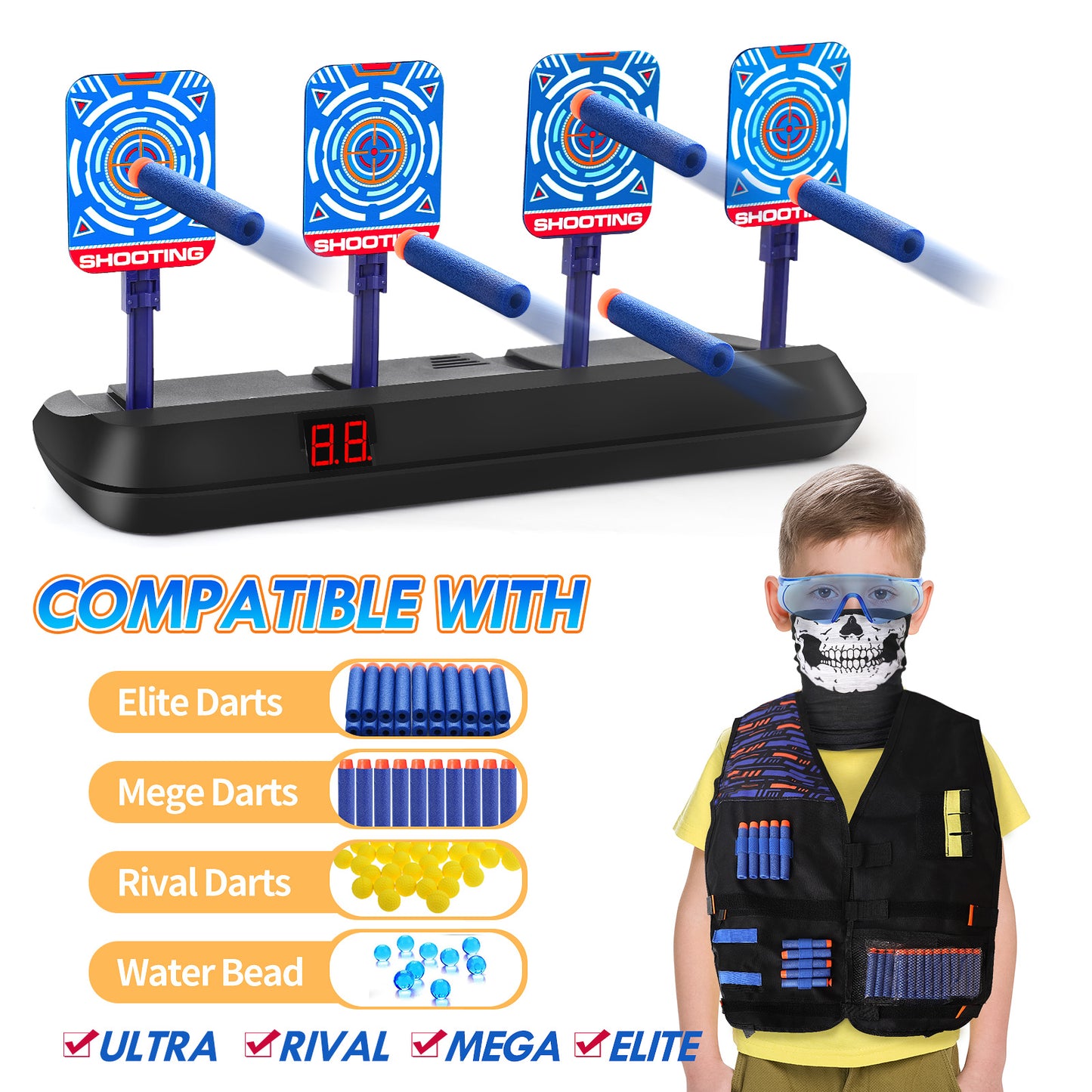 Kid Nerf Shooting Targets with Auto-Reset, 4 Electronic Digital Target with Tactical Vest - Black