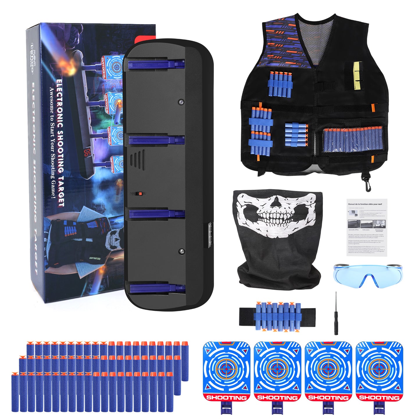 Kid Nerf Shooting Targets with Auto-Reset, 4 Electronic Digital Target with Tactical Vest - Black
