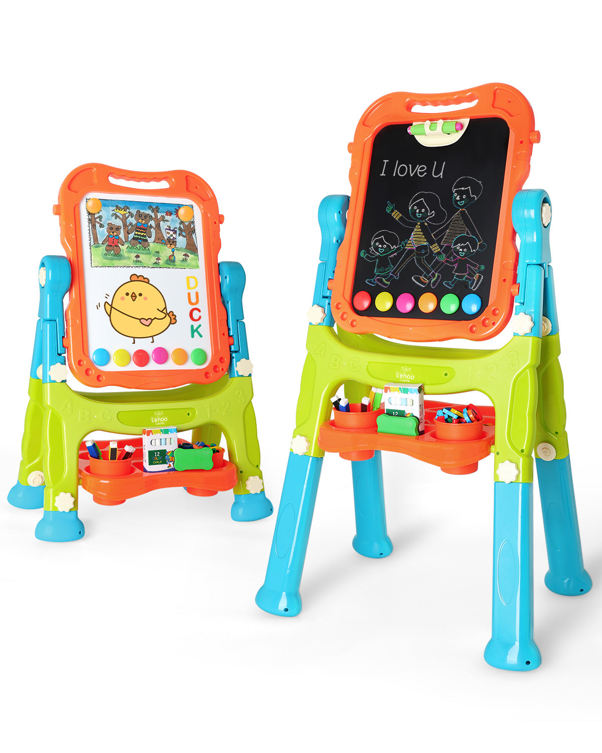 Easel for Kids, 4 in 1 Rotatable Double Sided Adjustable Standing Kids Art Easel Drawing Board White Board Chalkboard with Painting Accessories - Green