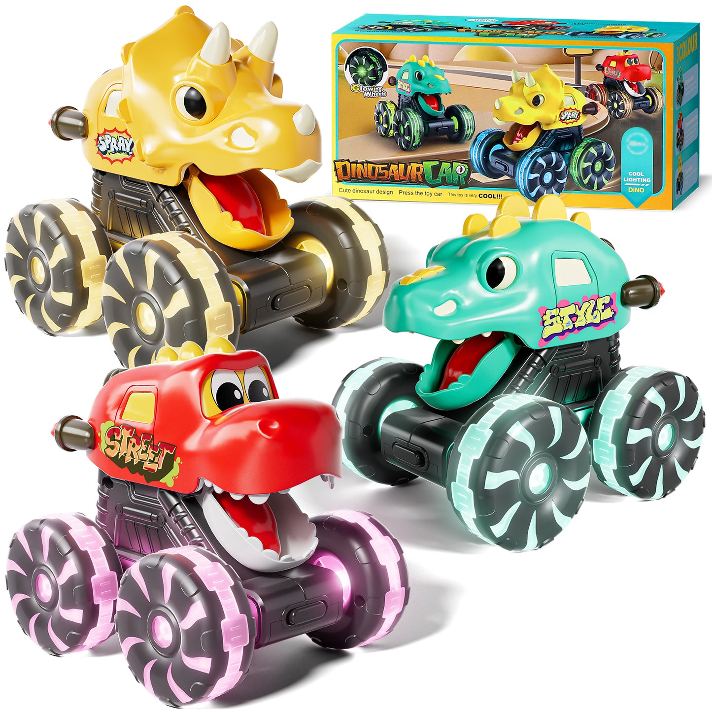Toys for 1 2 3 Year Old Boys, Monster Truck for Toddler, Dinosaur Toy Cars with Cool Lightning Wheels For Toddlers 1-3, Press And Go Toy Cars, Pull Back Cars Baby Toys for 1+ Year Old Birthday Gifts