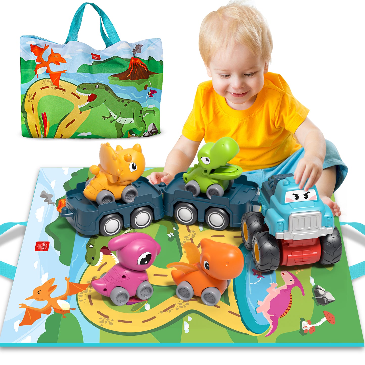 Toys for 1 2 3 Year Old Boy Girl, Toddler Toys, Dinosaur Toy Cars for Toddlers, Push and Go Toy Cars, Truck Trailer Cars Baby Toys, Friction Powered Truck Toy, Trailers Toy with Storage Bag