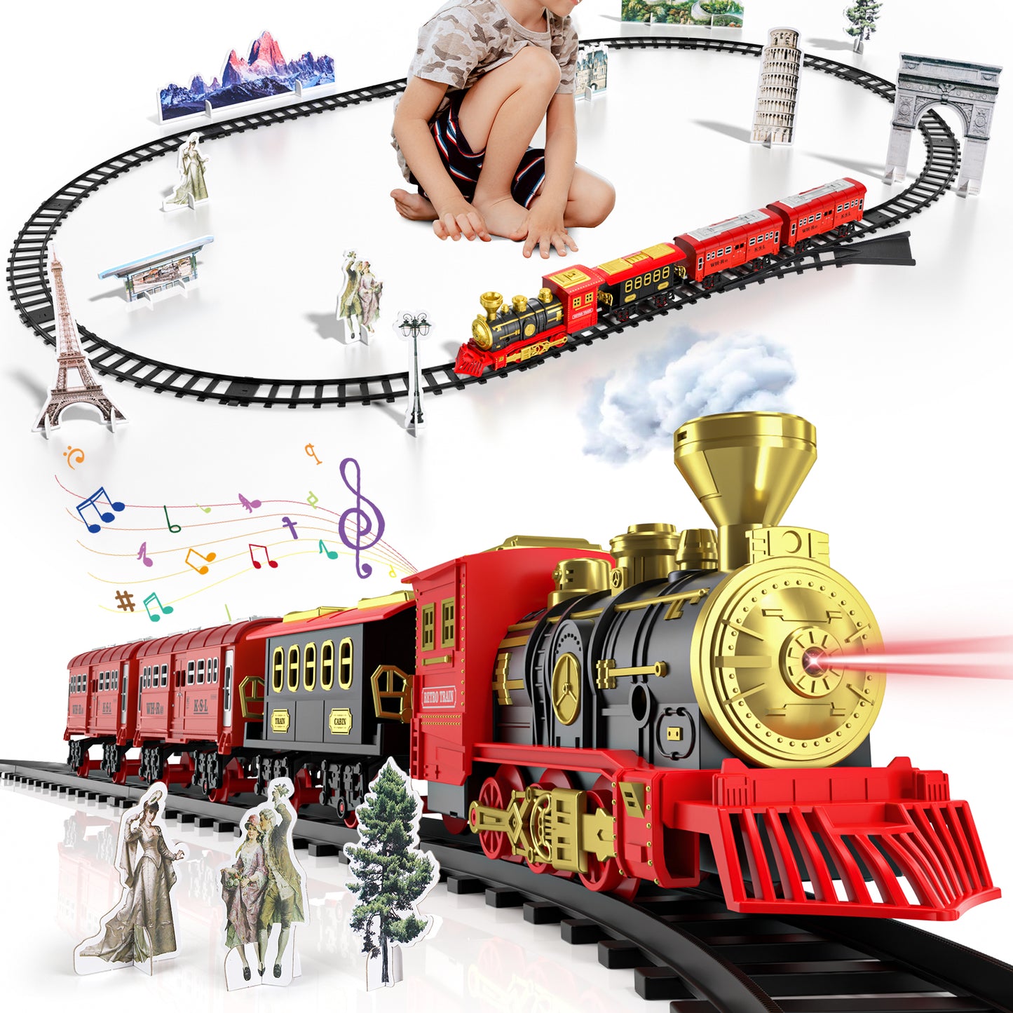 Train Set, Train Toys for Toddlers with Smoke, Lights & Sound, Toy Train with Train Tracks, Rechargeable Steam Train Sets for Kids 2 3 4 5 6 7 8+ Years Old, Birthday Christmas Gift for Boys Girls