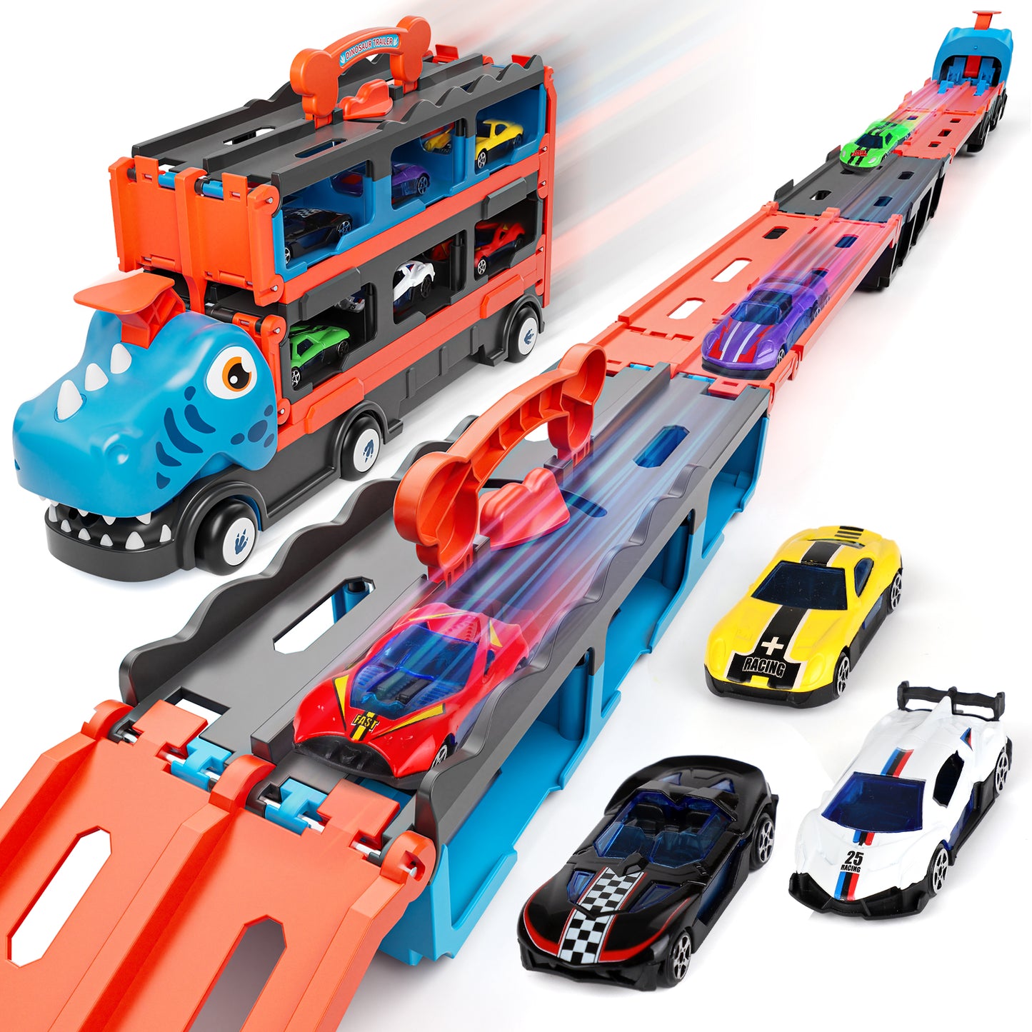 Dinosaur Toy Trucks Cars for Kids, Transport Truck Car Toys, Toddler Toys for 2 3 4 Years Old Boys, Carrier Truck Toy Cars for Toddlers with 6 Racing Cars, 62.5" Race Track, Best Gift for Boys Girls